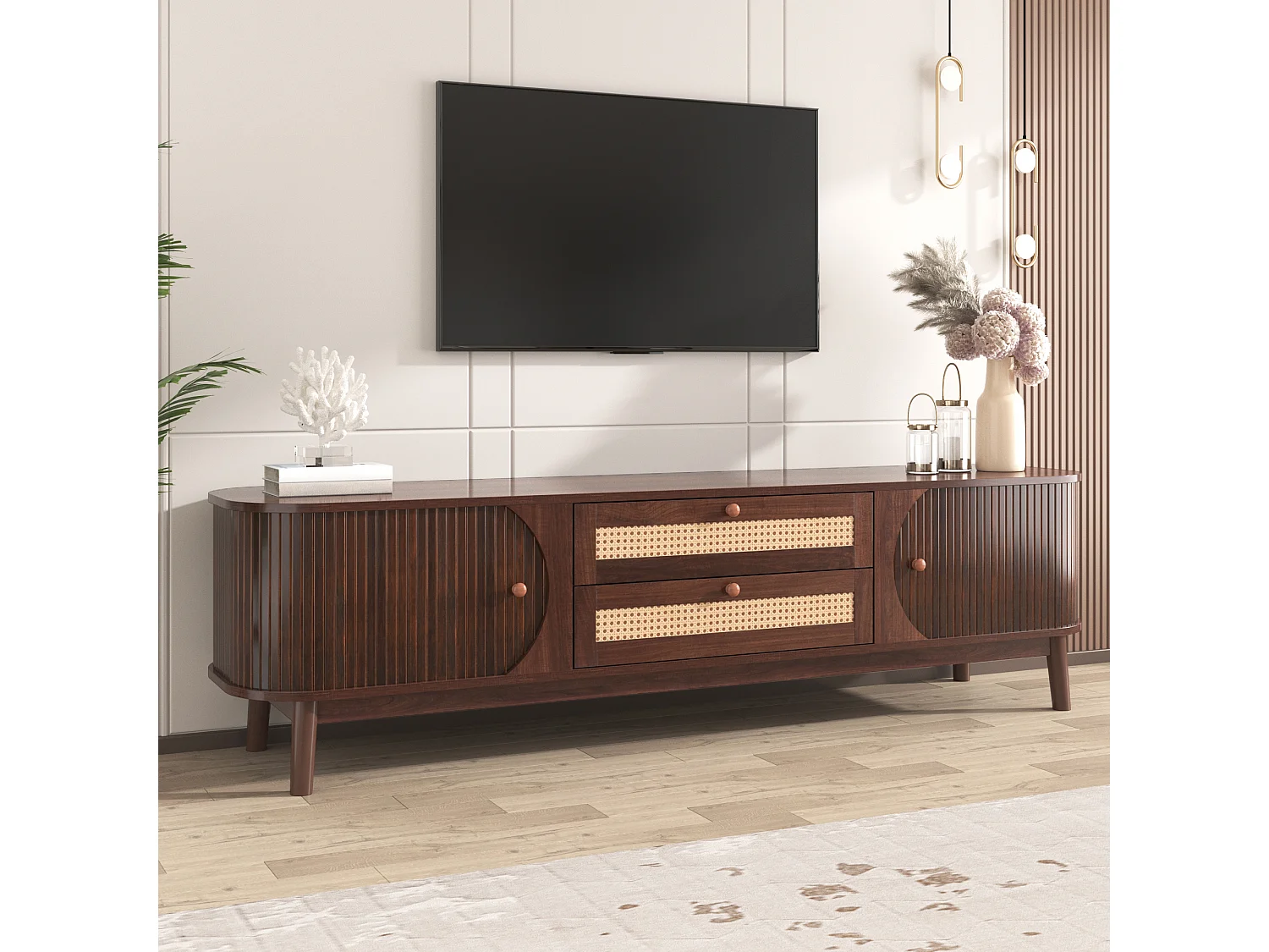 170cm TV stand in solid wood and rattan - 2 drawers and 2 doors - country style - brown