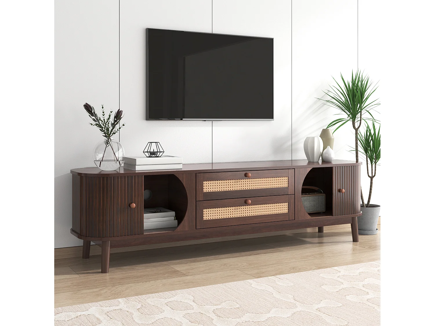 170cm TV stand in solid wood and rattan - 2 drawers and 2 doors - country style - brown