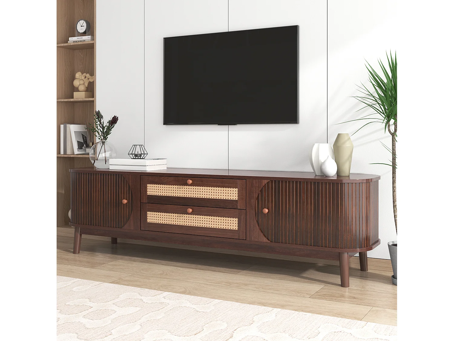 170cm TV stand in solid wood and rattan - 2 drawers and 2 doors - country style - brown