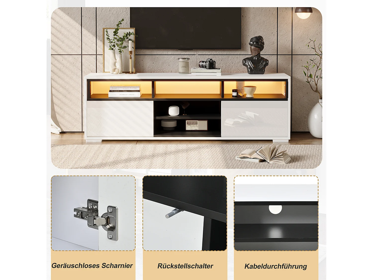 Modernes TV-Lowboard 50x35x50 cm - LED-Beleuchtung - 2 Türen und Stauraumfächer - Hochglanz-Finish - Weiß