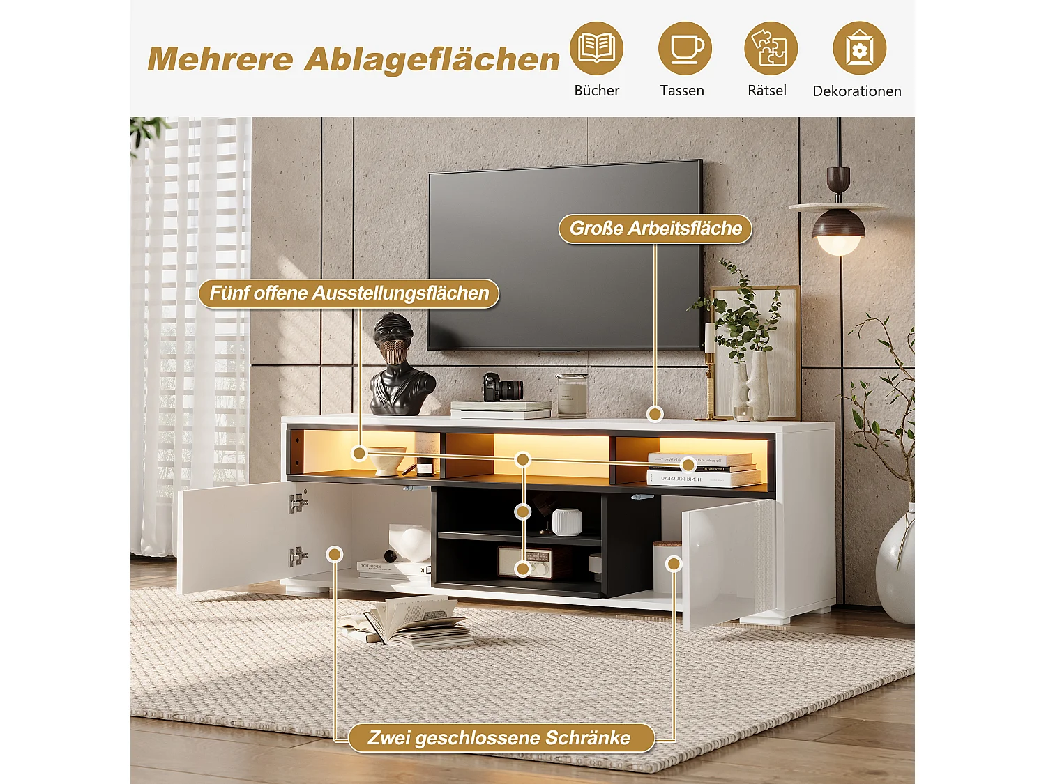 Modernes TV-Lowboard 50x35x50 cm - LED-Beleuchtung - 2 Türen und Stauraumfächer - Hochglanz-Finish - Weiß