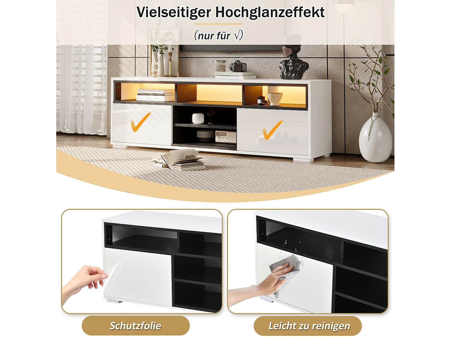 Modernes TV-Lowboard 50x35x50 cm - LED-Beleuchtung - 2 Türen und Stauraumfächer - Hochglanz-Finish - Weiß