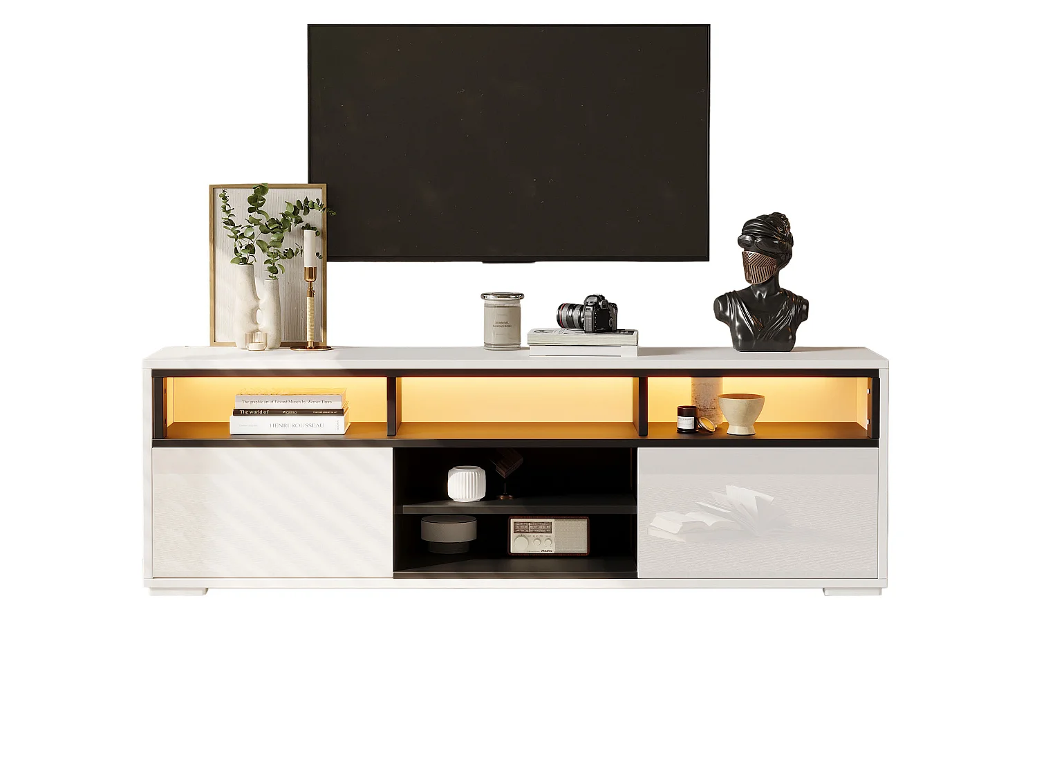 Modernes TV-Lowboard 50x35x50 cm - LED-Beleuchtung - 2 Türen und Stauraumfächer - Hochglanz-Finish - Weiß