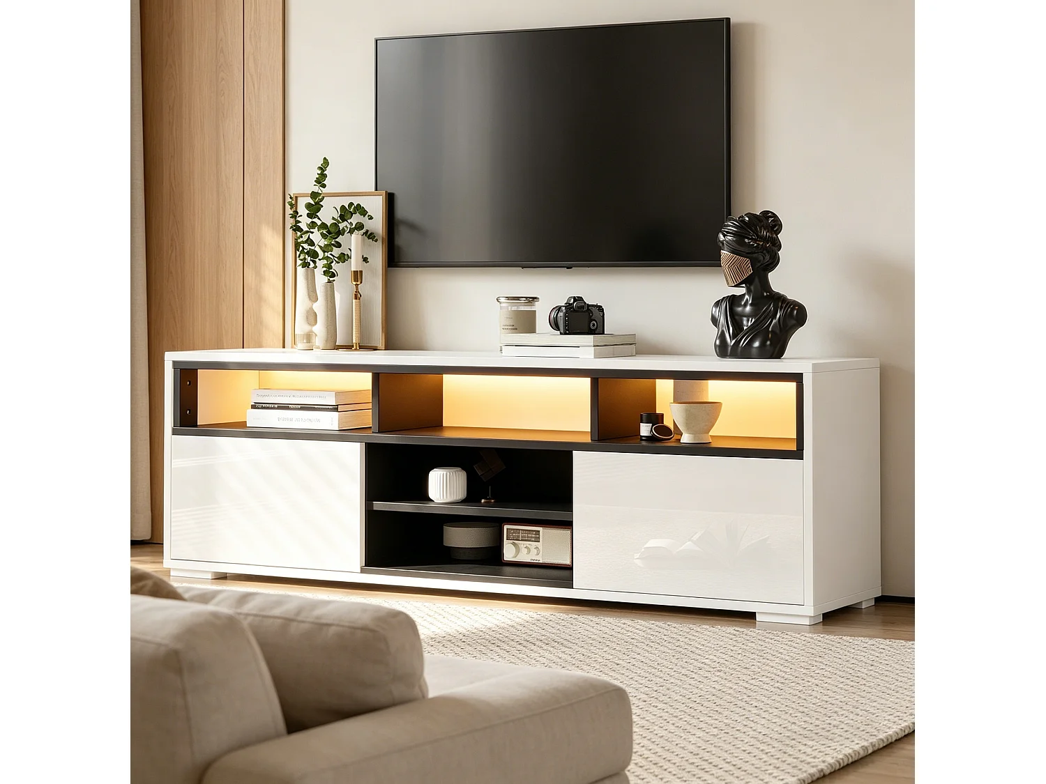 Modernes TV-Lowboard 50x35x50 cm - LED-Beleuchtung - 2 Türen und Stauraumfächer - Hochglanz-Finish - Weiß