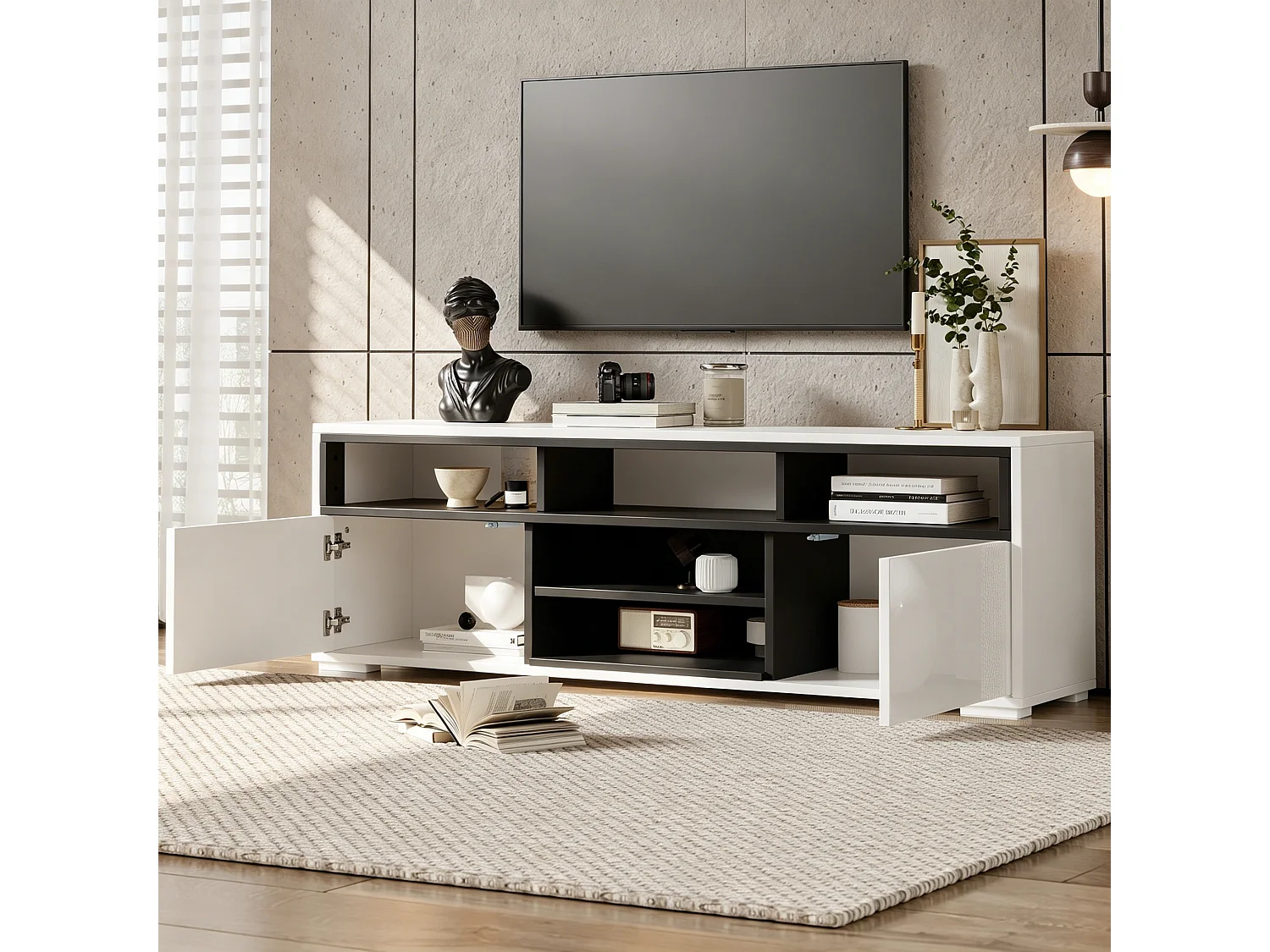 Modernes TV-Lowboard 50x35x50 cm - LED-Beleuchtung - 2 Türen und Stauraumfächer - Hochglanz-Finish - Weiß