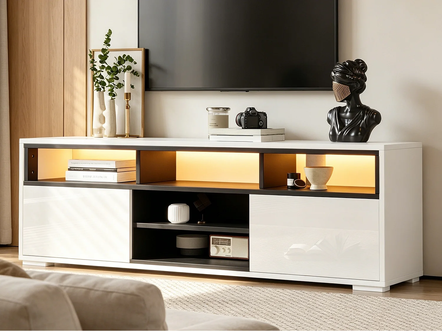 Modernes TV-Lowboard 50x35x50 cm - LED-Beleuchtung - 2 Türen und Stauraumfächer - Hochglanz-Finish - Weiß