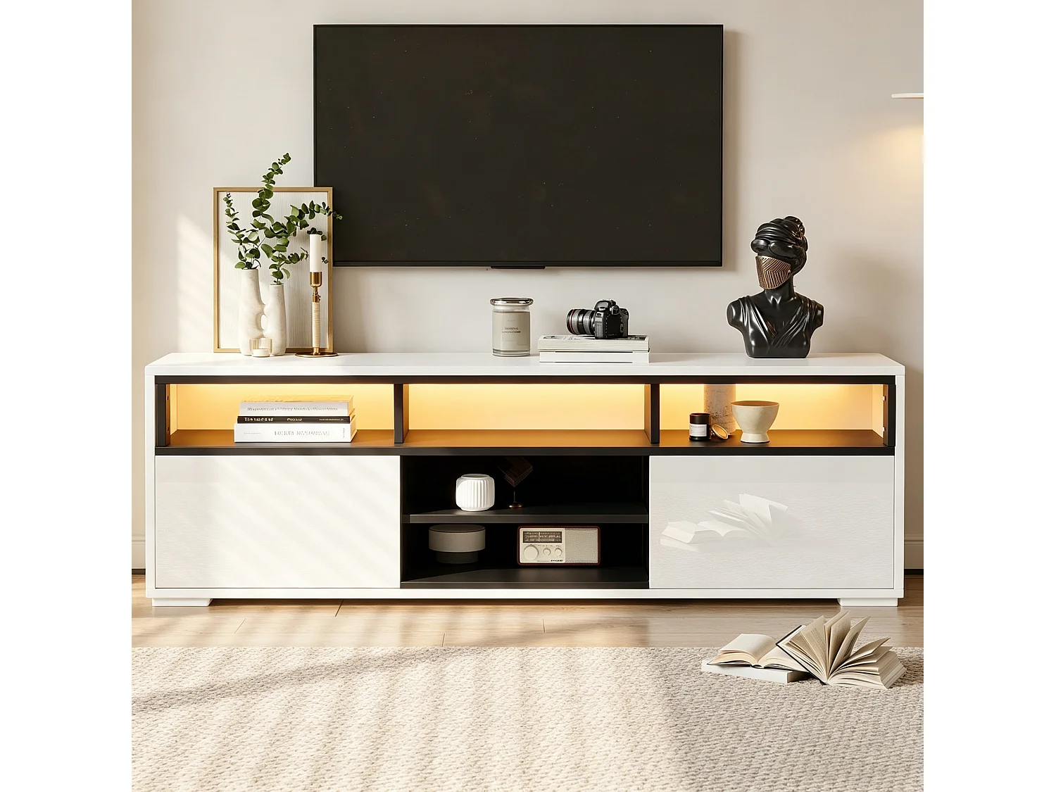Modernes TV-Lowboard 50x35x50 cm - LED-Beleuchtung - 2 Türen und Stauraumfächer - Hochglanz-Finish - Weiß