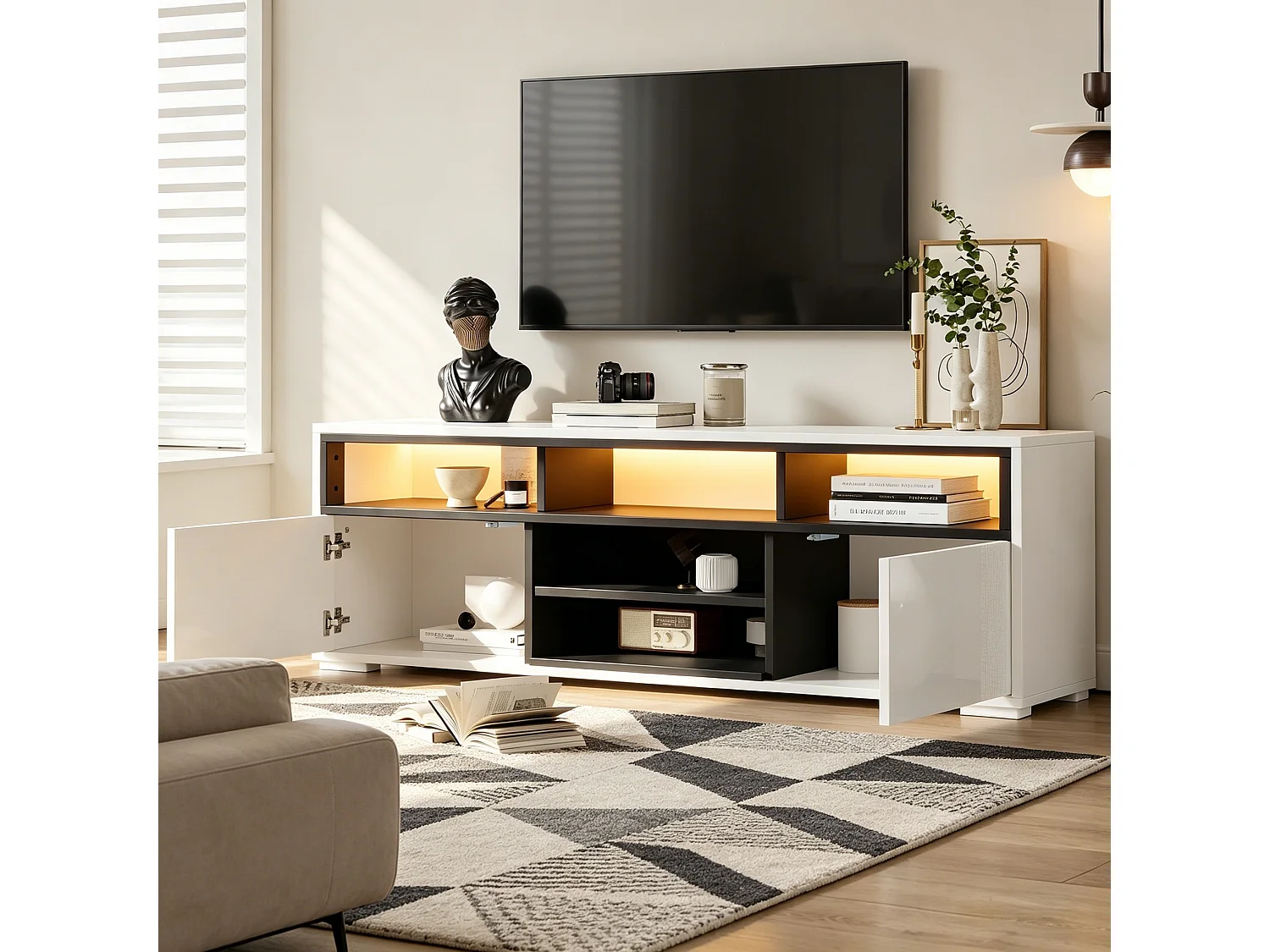Modernes TV-Lowboard 50x35x50 cm - LED-Beleuchtung - 2 Türen und Stauraumfächer - Hochglanz-Finish - Weiß