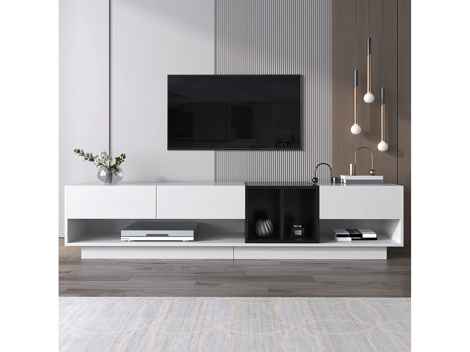 190cm TV Stand - 3 Drawers and 2 Compartments - Glossy White & Black