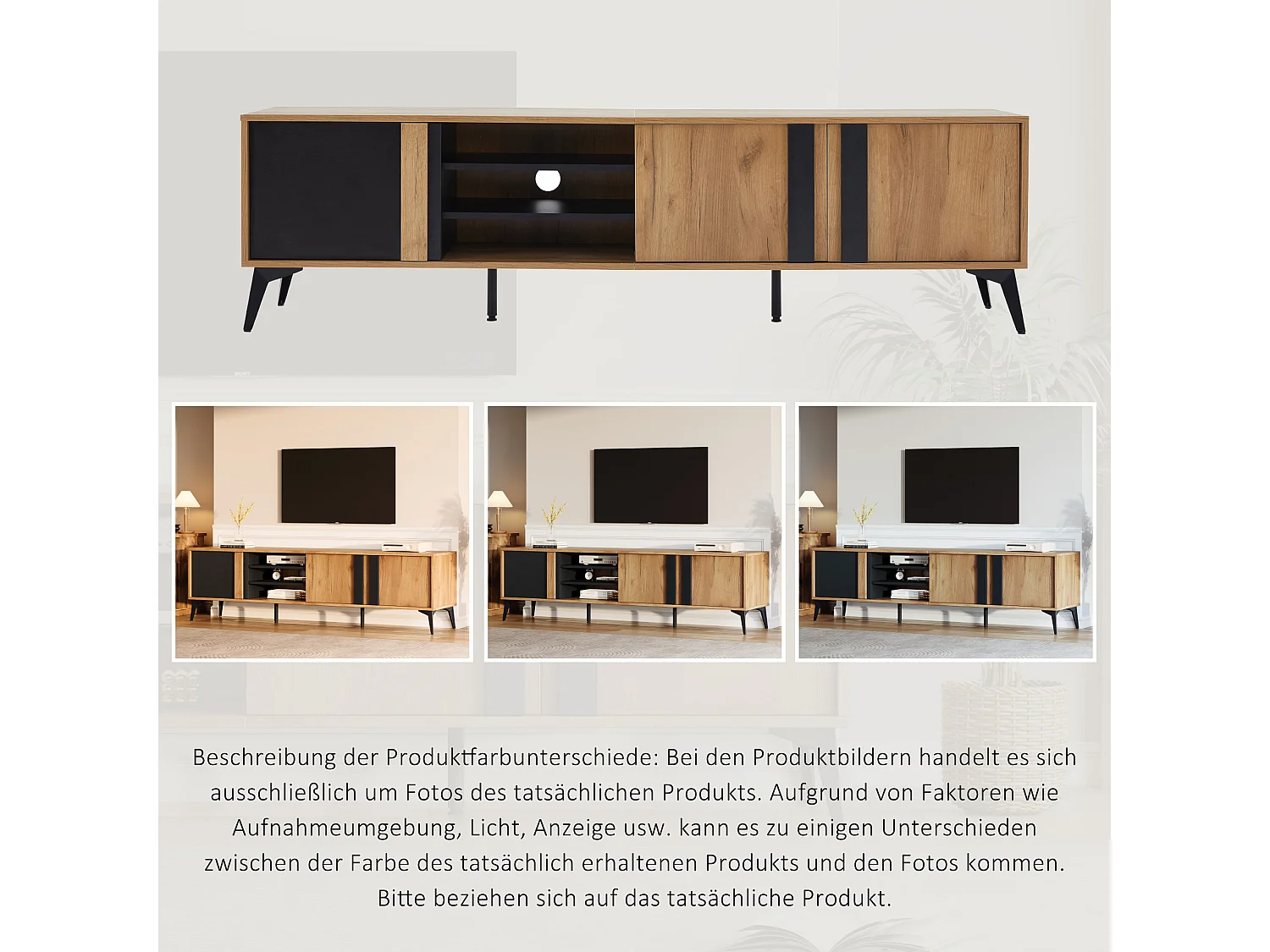 TV stand 180cm wide - with 3 doors and 3 compartments - Brown