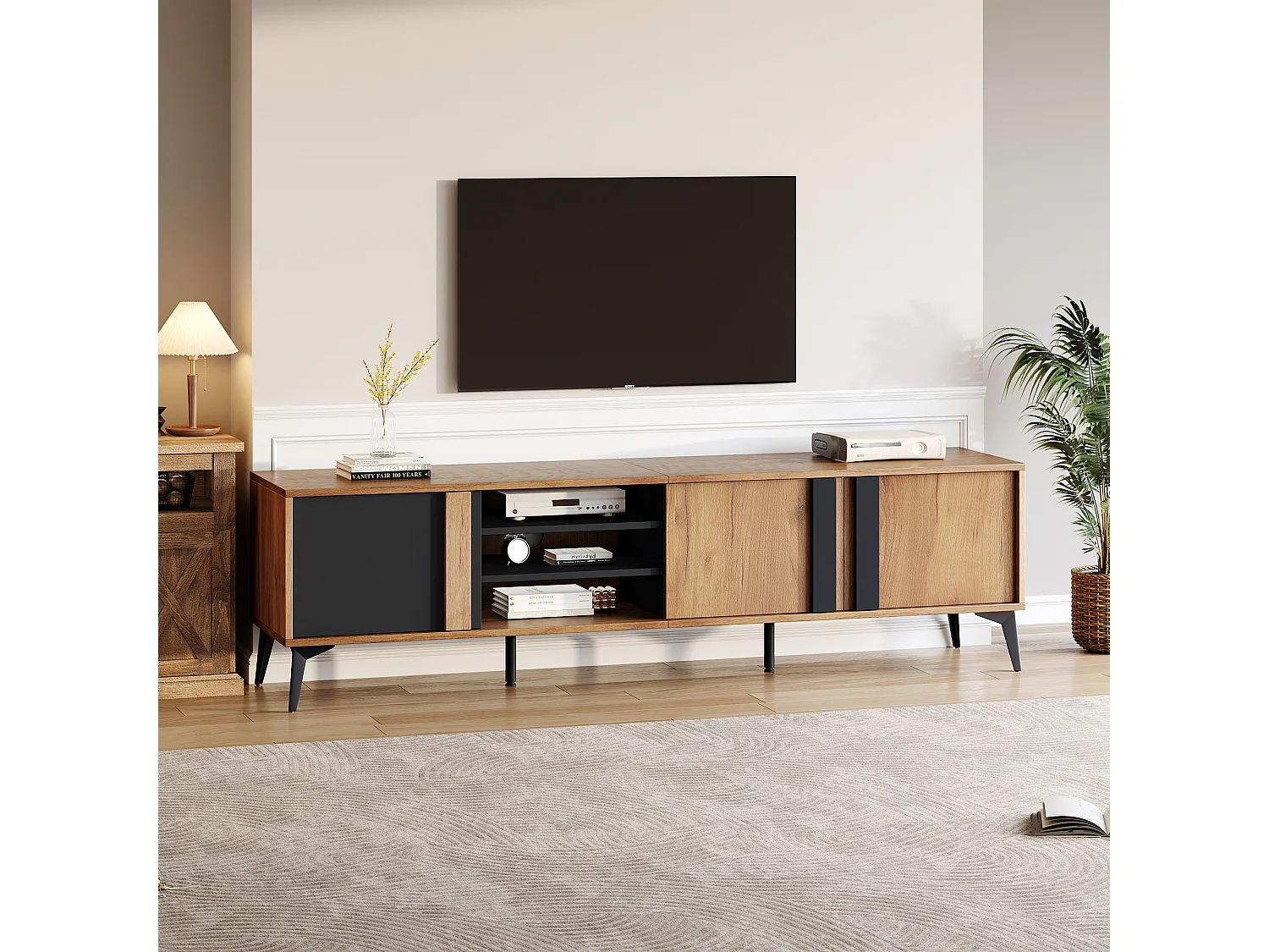 TV stand 180cm wide - with 3 doors and 3 compartments - Brown
