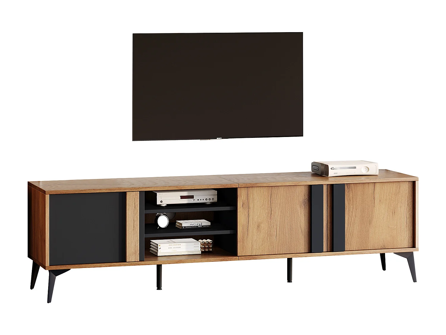 TV stand 180cm wide - with 3 doors and 3 compartments - Brown