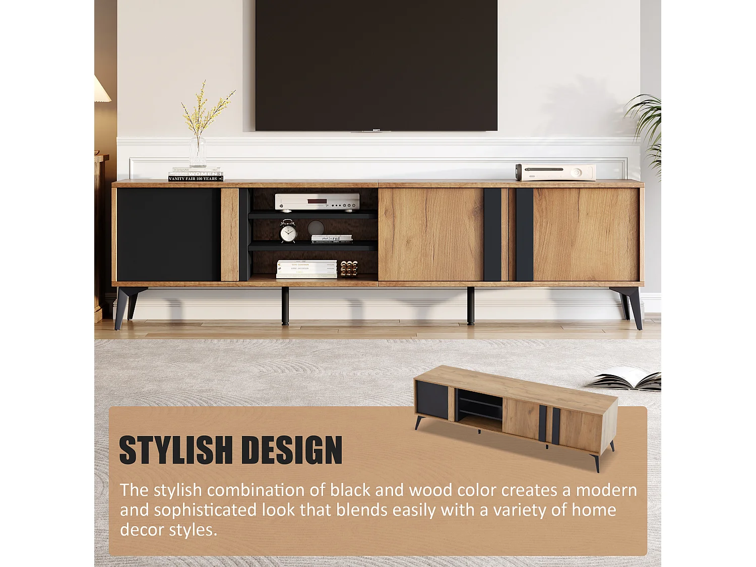 TV stand 180cm wide - with 3 doors and 3 compartments - Brown