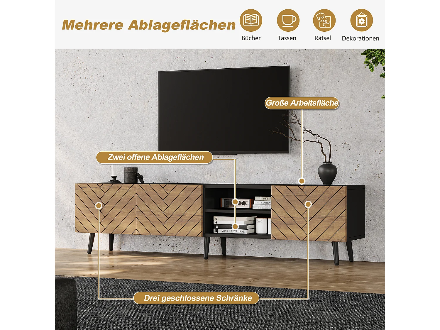 Modernes TV-Lowboard 180x33,5x45 cm - 3 Klapptüren - Spanplatten - Farbe Natur und Schwarz