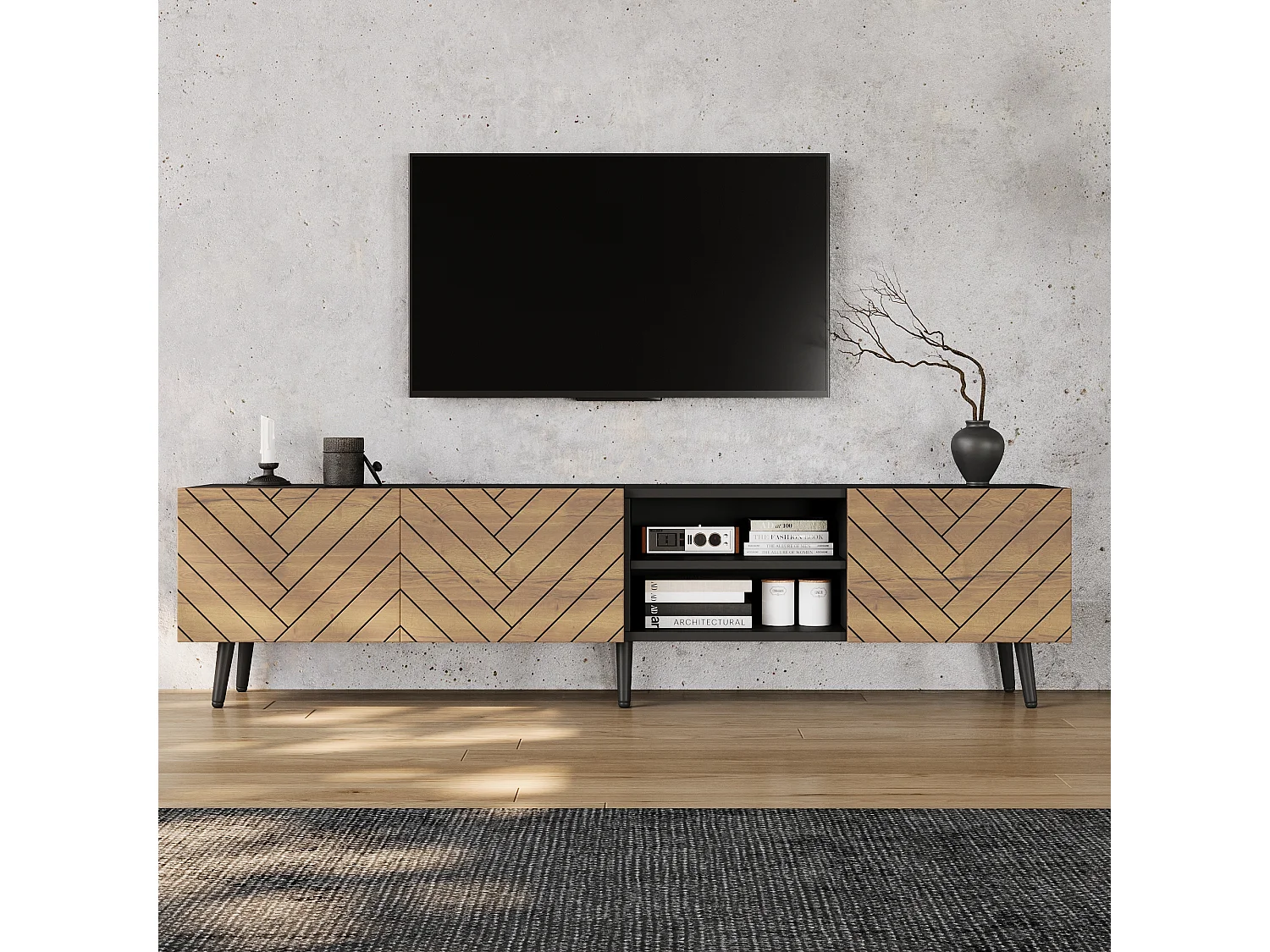 Modernes TV-Lowboard 180x33,5x45 cm - 3 Klapptüren - Spanplatten - Farbe Natur und Schwarz