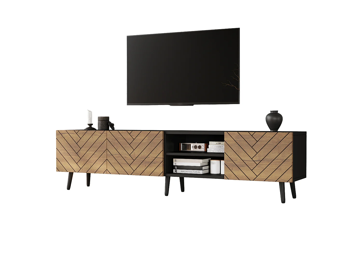 Meuble TV moderne 180x33,5x45 cm - 3 portes abattantes - Panneaux de particules - Coloris naturel et noir