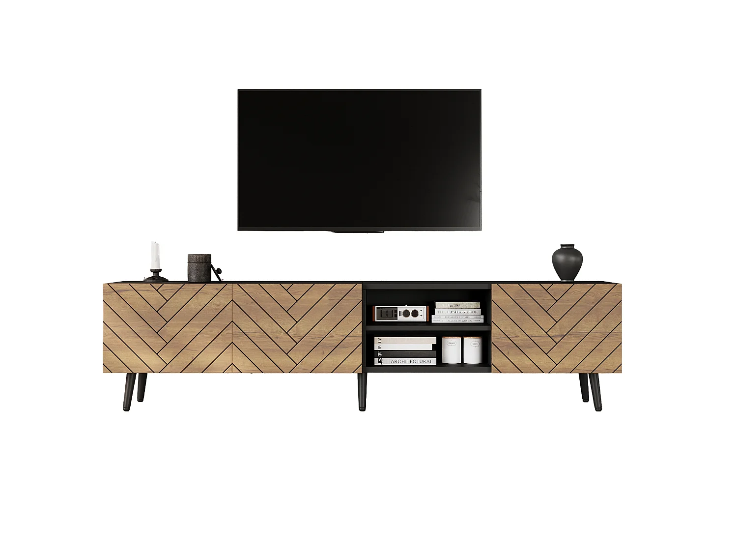 Meuble TV moderne 180x33,5x45 cm - 3 portes abattantes - Panneaux de particules - Coloris naturel et noir