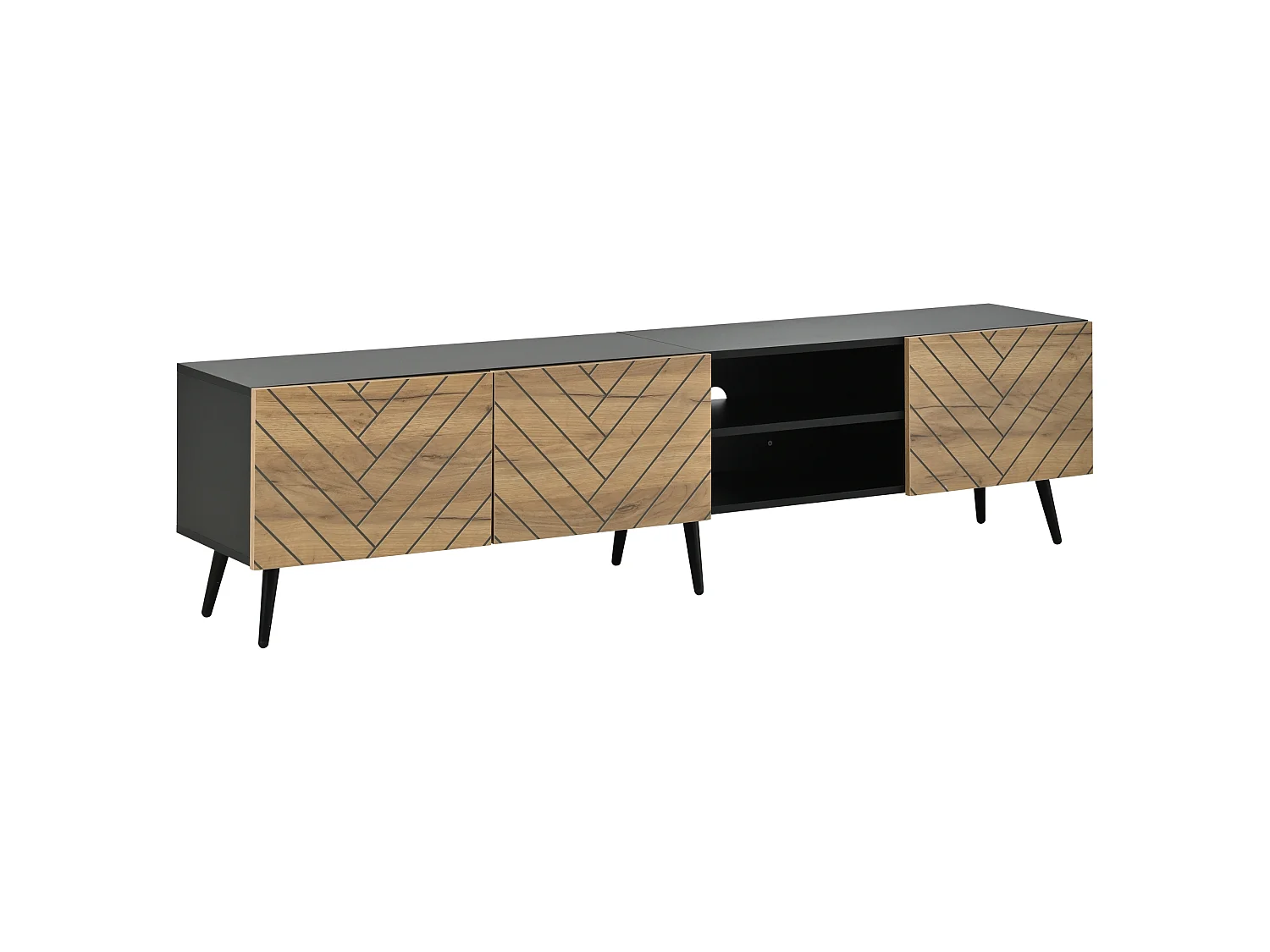 Meuble TV moderne 180x33,5x45 cm - 3 portes abattantes - Panneaux de particules - Coloris naturel et noir