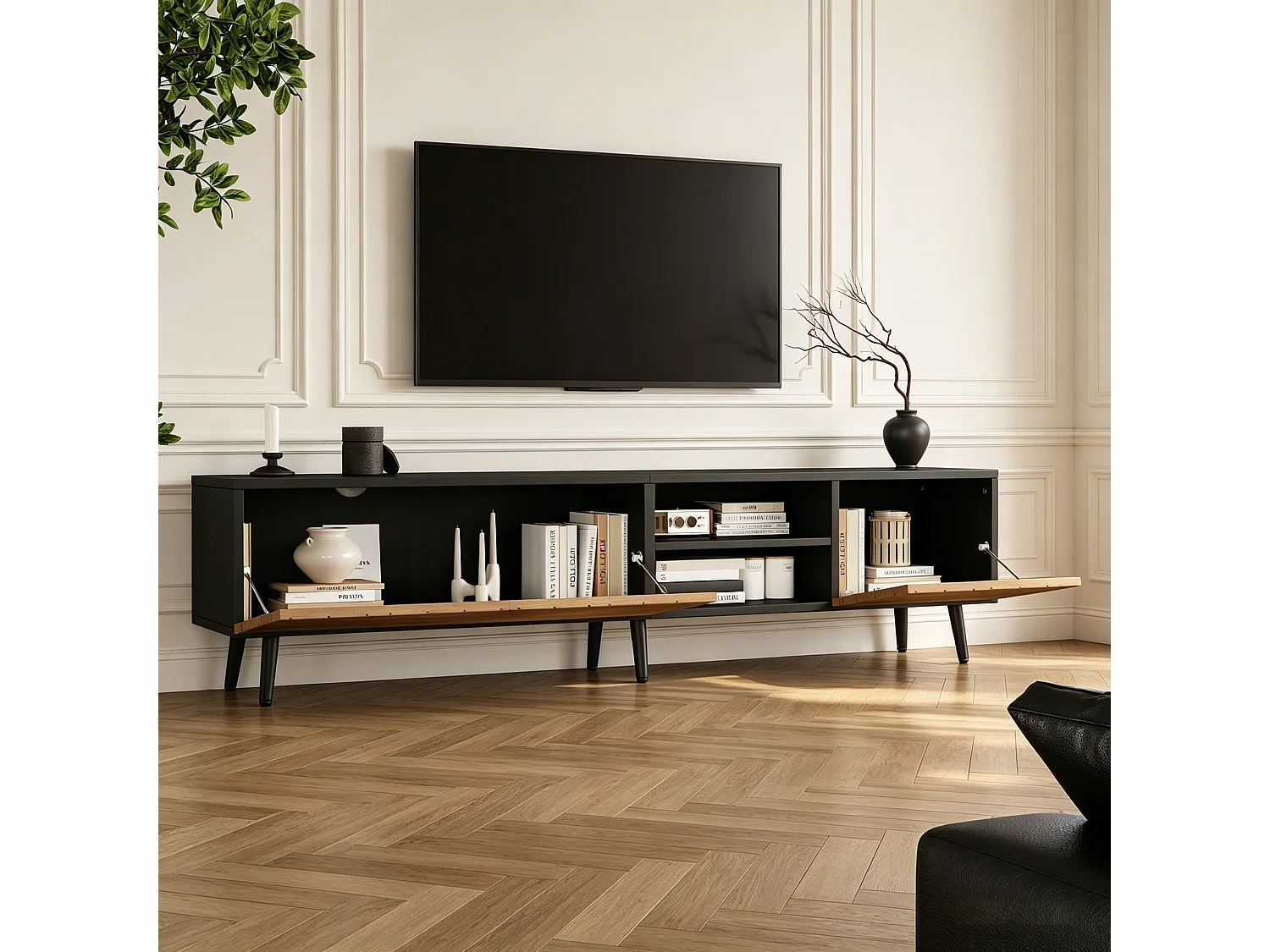 Modernes TV-Lowboard 180x33,5x45 cm - 3 Klapptüren - Spanplatten - Farbe Natur und Schwarz