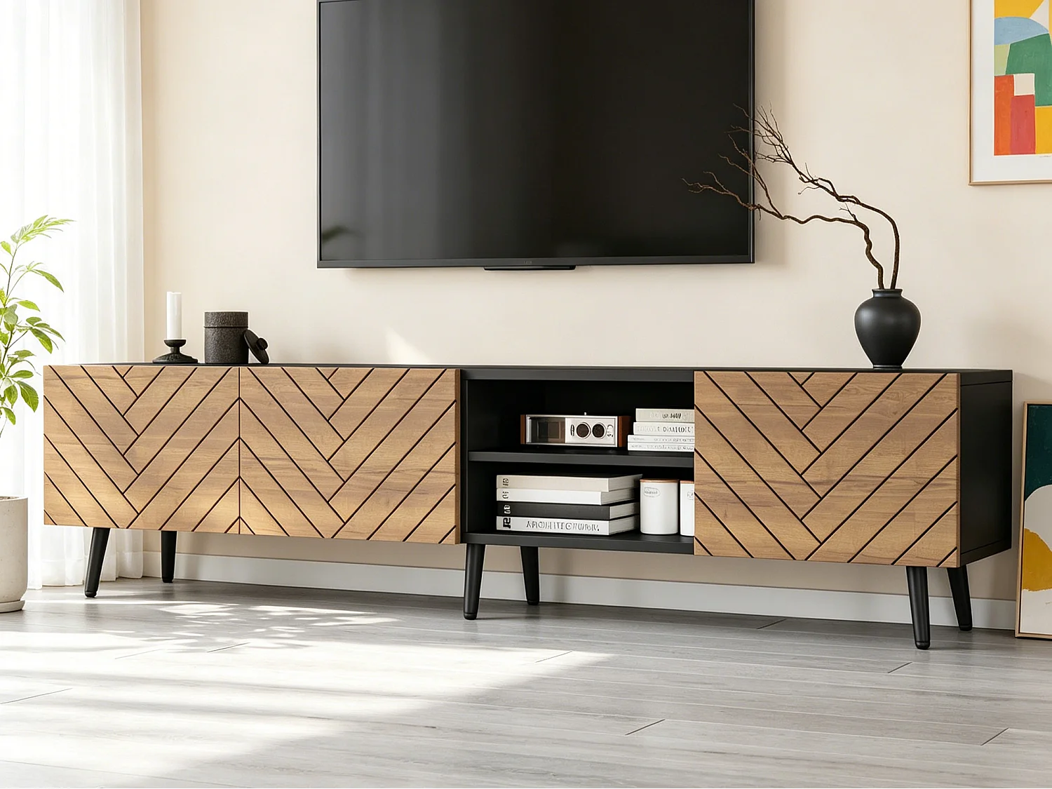 Meuble TV moderne 180x33,5x45 cm - 3 portes abattantes - Panneaux de particules - Coloris naturel et noir