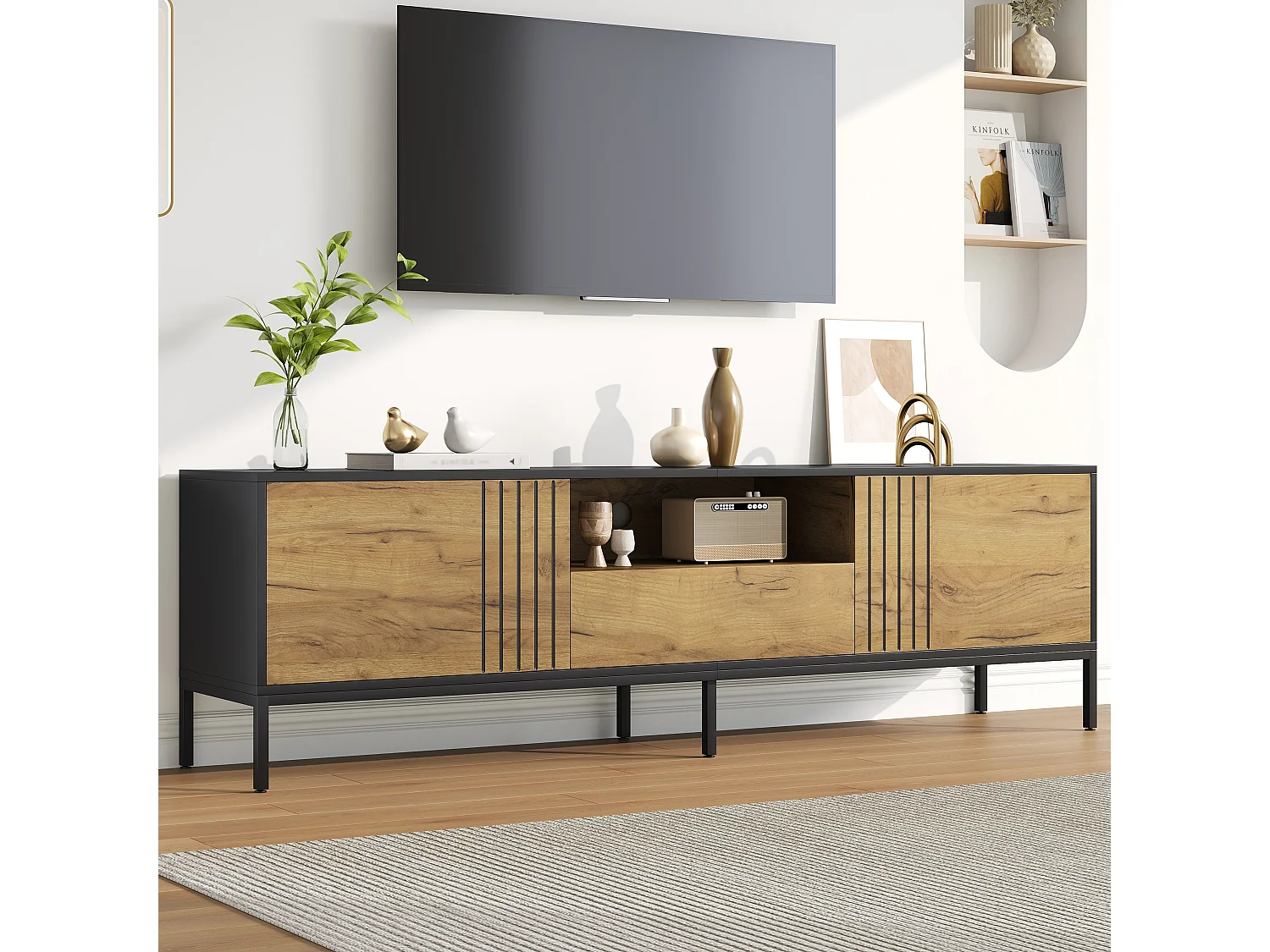 TV Stand 170x35x50 cm - 2 Doors and 1 Drawer - Fits TVs up to 70 inches - Particleboard - Natural and Black