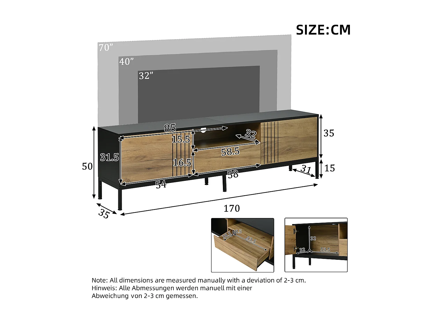 TV Stand 170x35x50 cm - 2 Doors and 1 Drawer - Fits TVs up to 70 inches - Particleboard - Natural and Black
