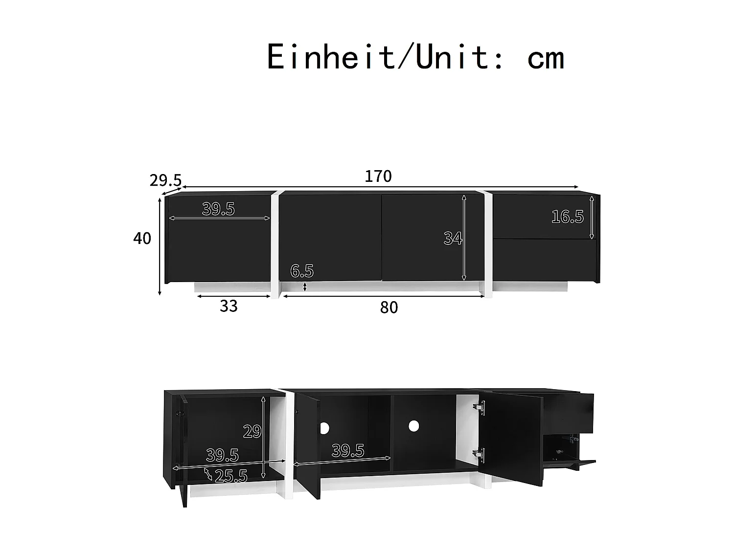 Glossy TV Stand 170x30x39 cm - with LED Light - 3 Doors and 1 Drawer - Particleboard - Black