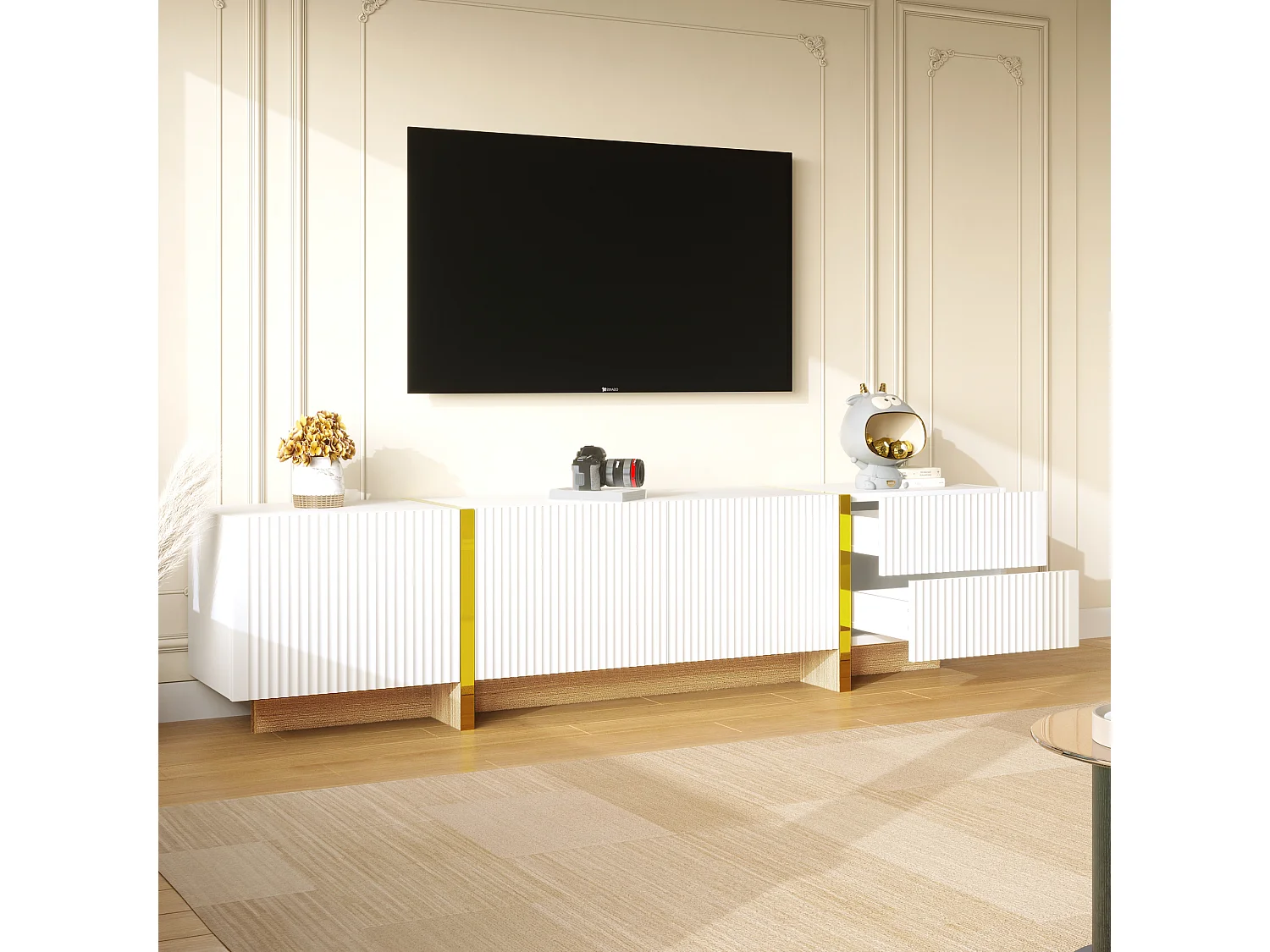 TV Stand W 190cm - 3 Doors, 2 Drawers, 5 Compartments - White & Gold