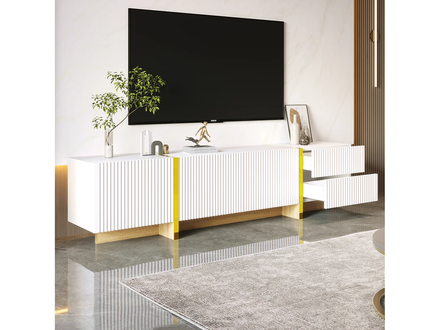 TV Stand W 190cm - 3 Doors, 2 Drawers, 5 Compartments - White & Gold