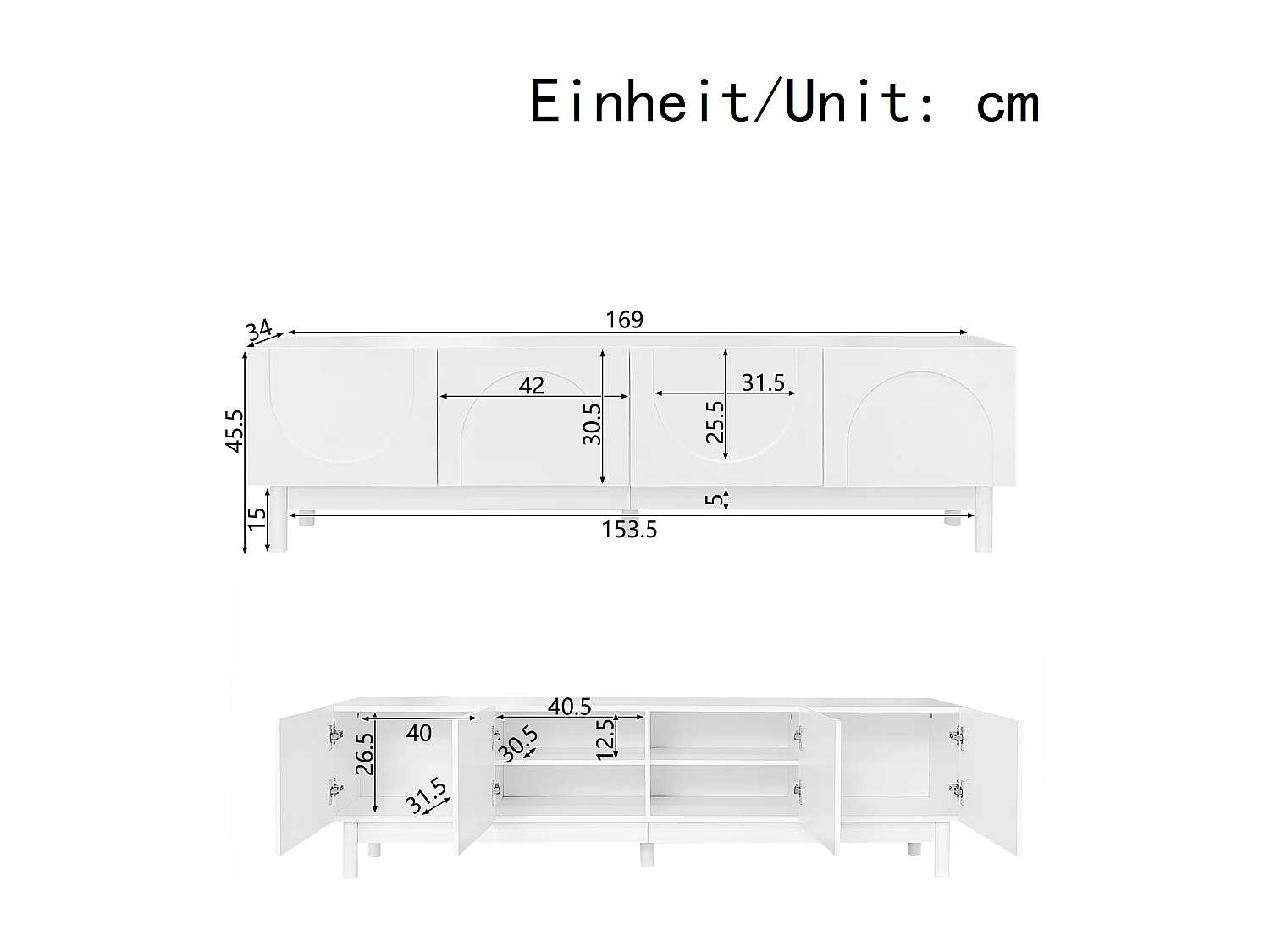 TV Stand 169x34x45.5 cm - 4 Doors - Solid Wood Legs - Particleboard - White