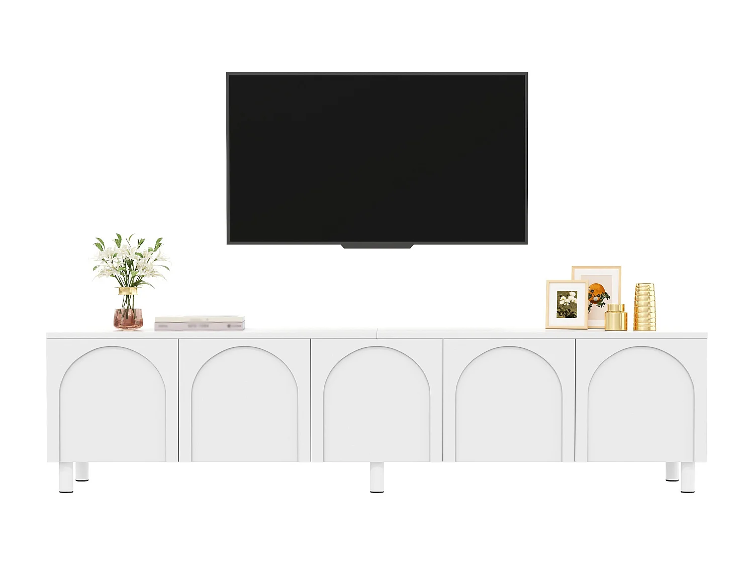 Modernes TV-Lowboard 180 x 38 x 45 cm - 5 Türen - Metallbeine - MDF + Spanplatten - Weiß