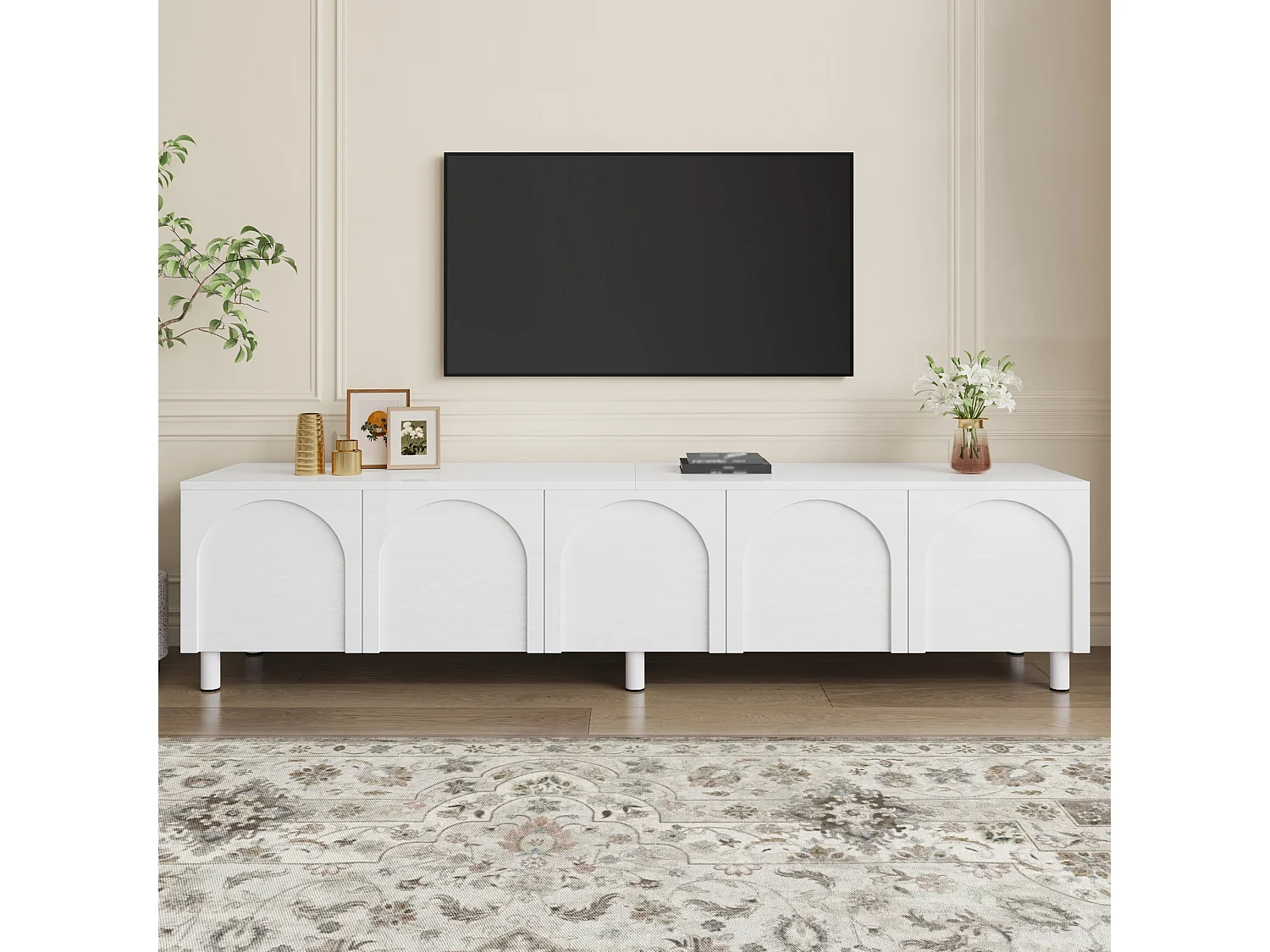 Modernes TV-Lowboard 180 x 38 x 45 cm - 5 Türen - Metallbeine - MDF + Spanplatten - Weiß