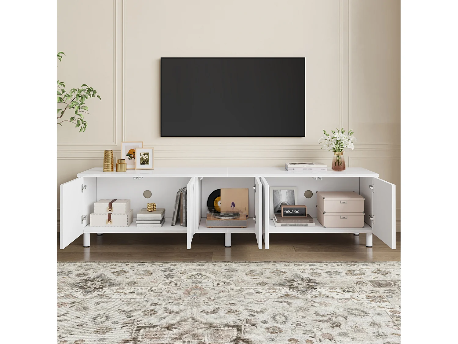 Modernes TV-Lowboard 180 x 38 x 45 cm - 5 Türen - Metallbeine - MDF + Spanplatten - Weiß