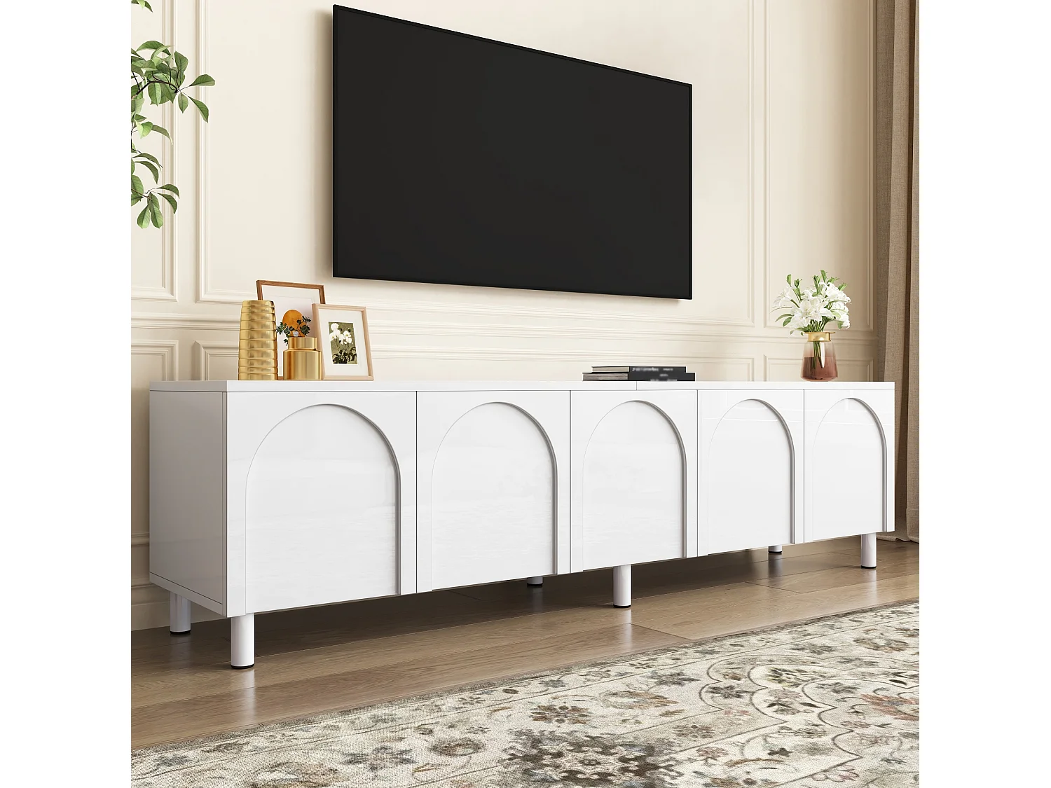 Modernes TV-Lowboard 180 x 38 x 45 cm - 5 Türen - Metallbeine - MDF + Spanplatten - Weiß