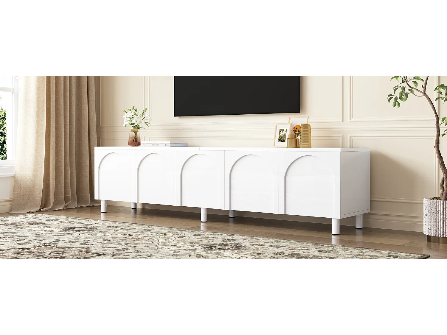 Modernes TV-Lowboard 180 x 38 x 45 cm - 5 Türen - Metallbeine - MDF + Spanplatten - Weiß