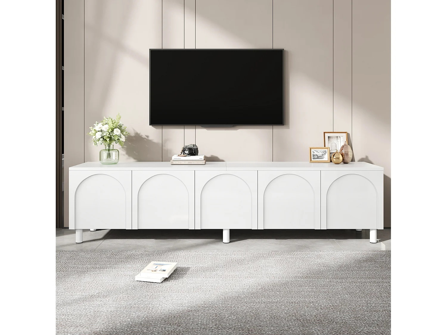 Modernes TV-Lowboard 180 x 38 x 45 cm - 5 Türen - Metallbeine - MDF + Spanplatten - Weiß