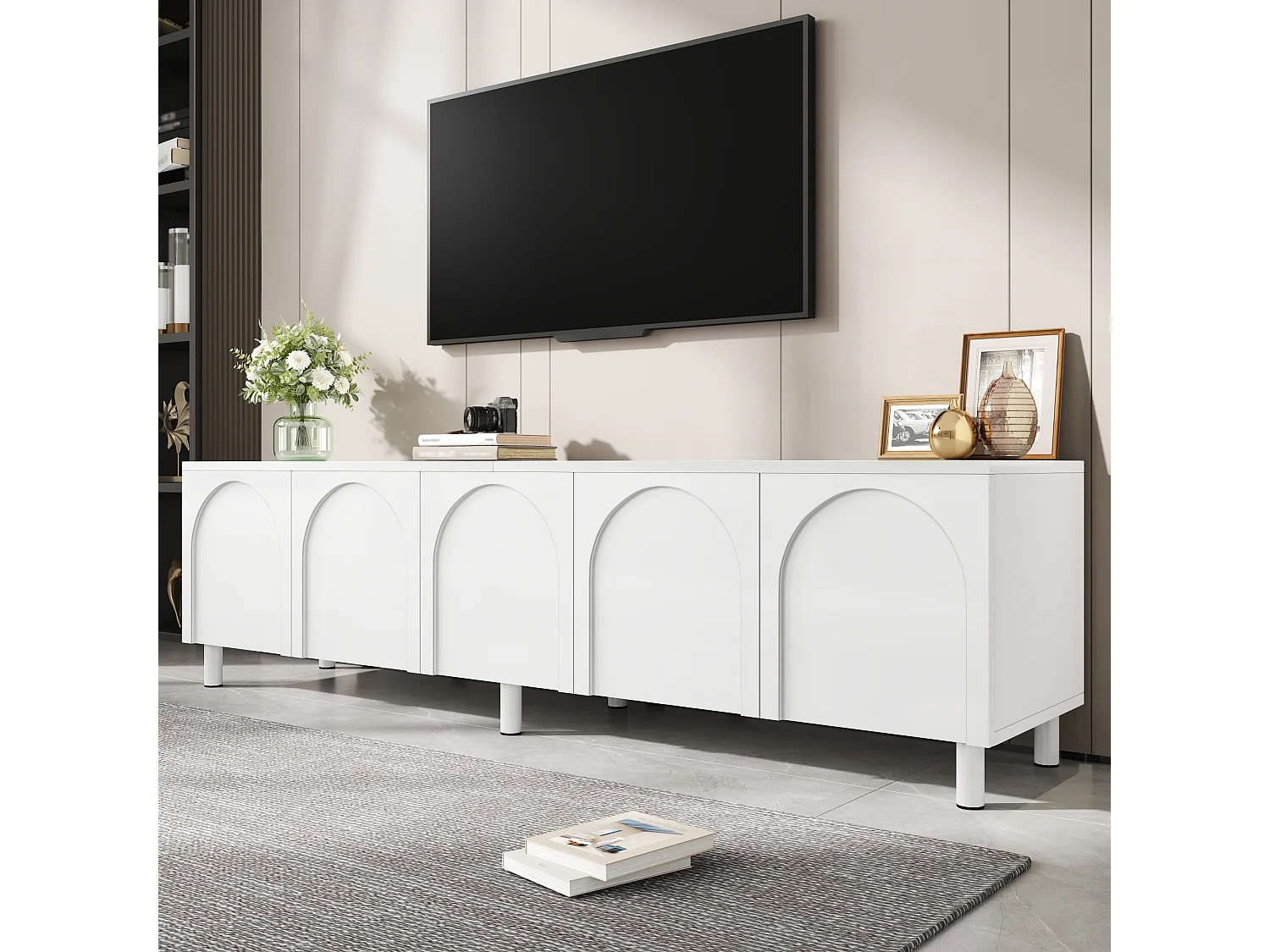 Modernes TV-Lowboard 180 x 38 x 45 cm - 5 Türen - Metallbeine - MDF + Spanplatten - Weiß