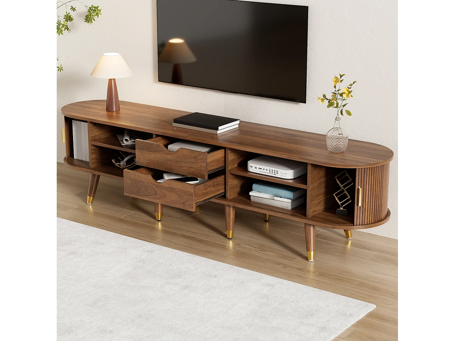 TV stand 175x38x45 cm - 2 sliding rattan doors - 2 drawers - Brown