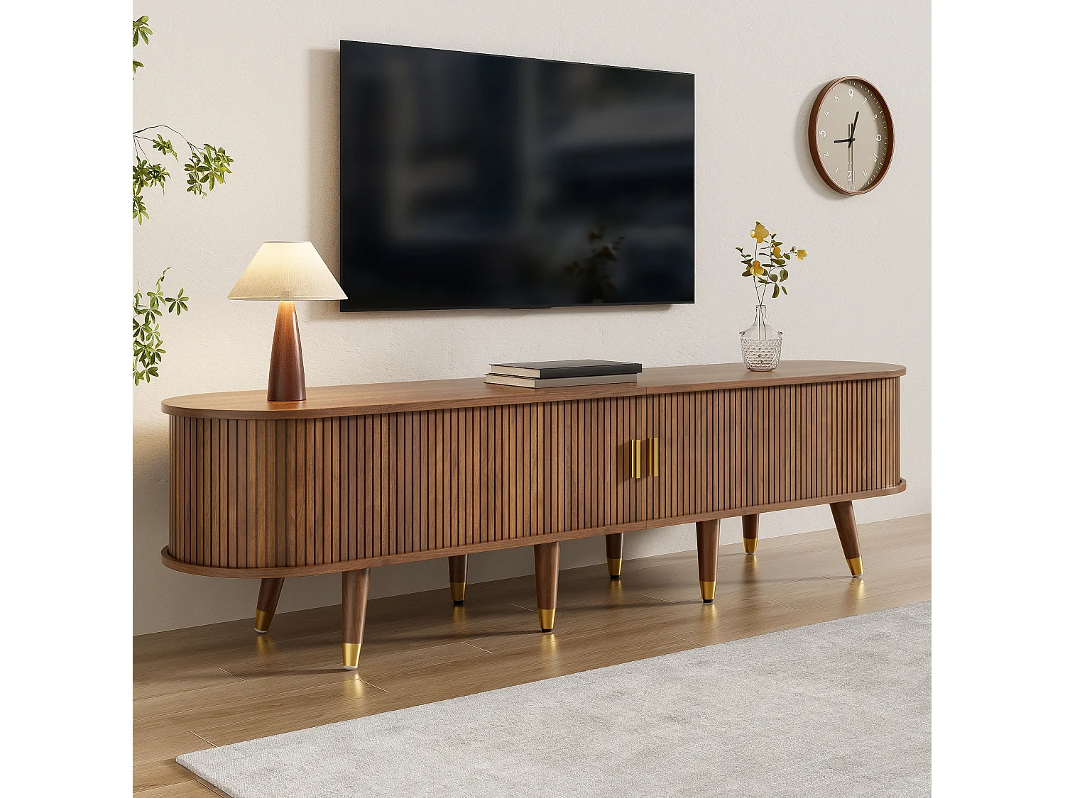 TV stand 175x38x45 cm - 2 sliding rattan doors - 2 drawers - Brown