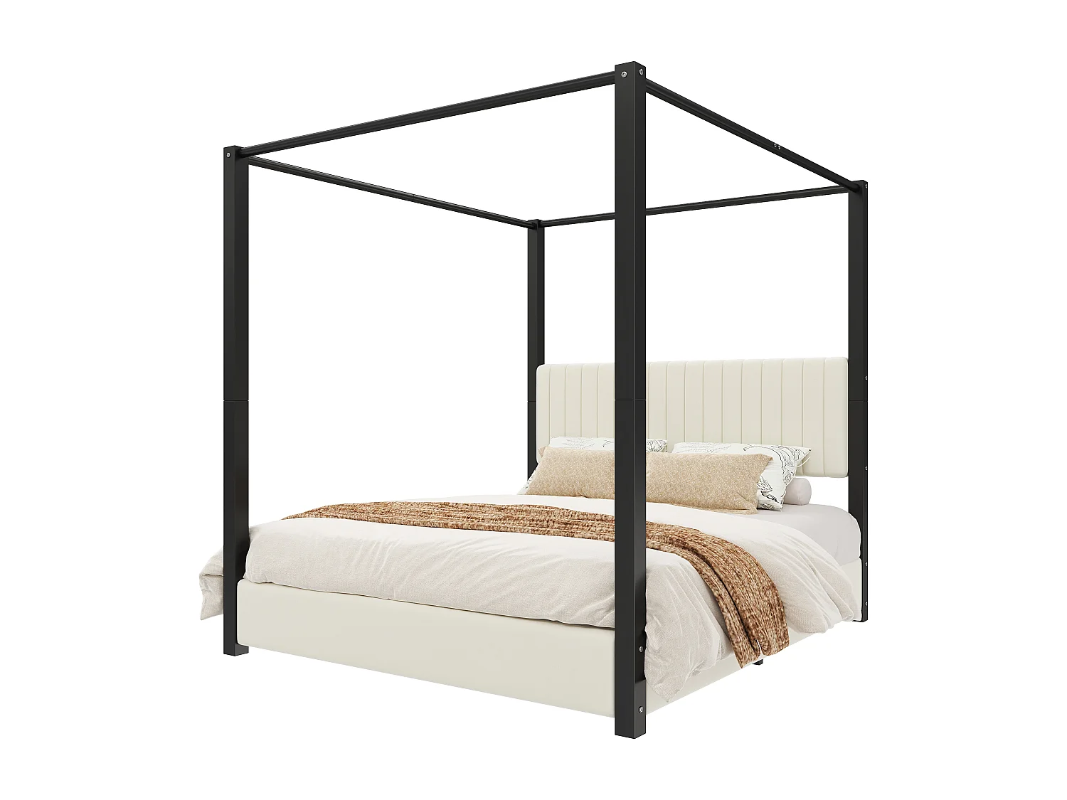 Lit double rembourré 180x200 cm - Lit à baldaquin - Avec baldaquin et tête de lit - Structure en métal - Beige+noir(sans matelas)
