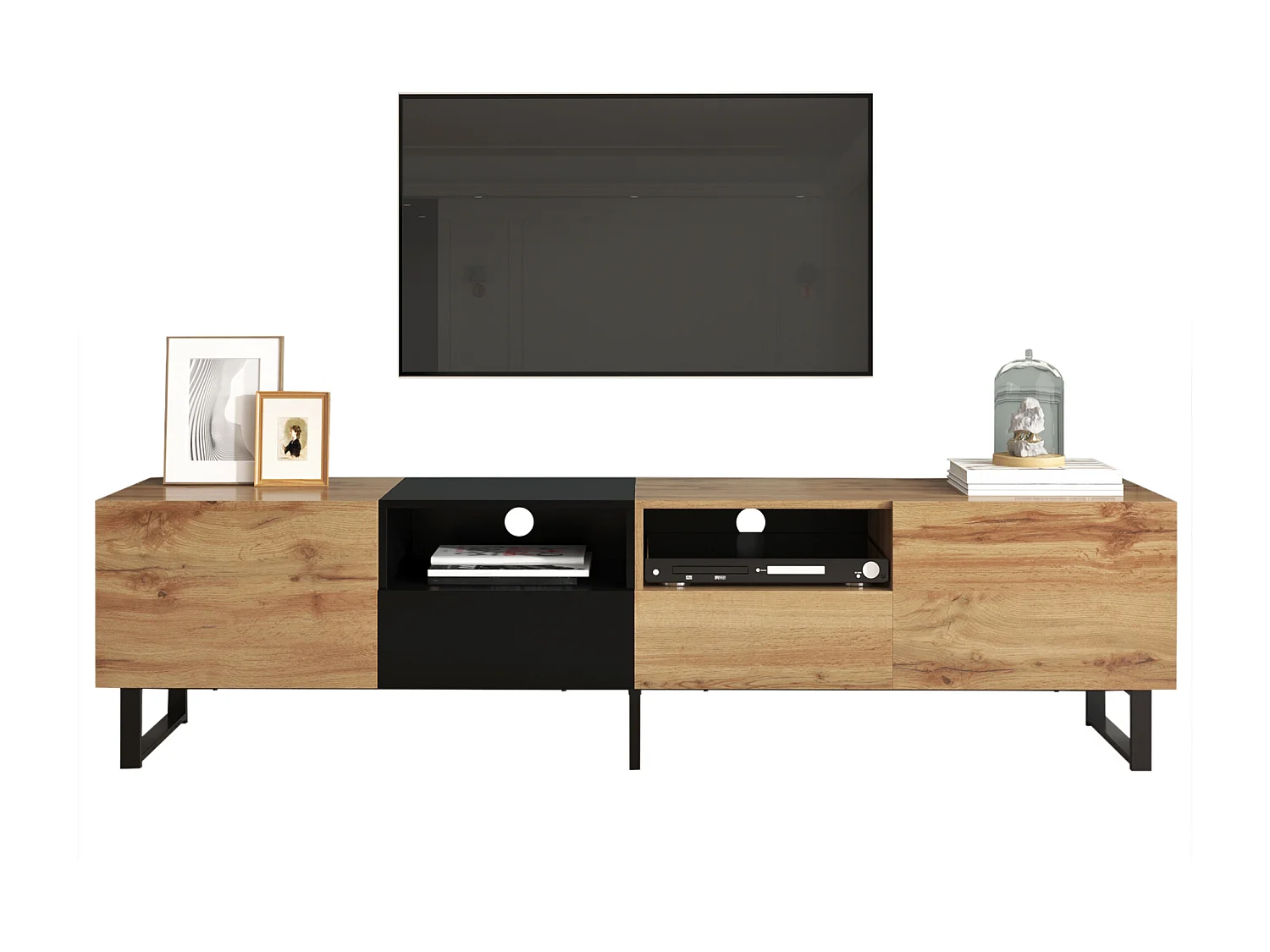 190cm TV Stand - 2 Doors + 2 Drawers + 2 Compartments - Industrial Style - Natural