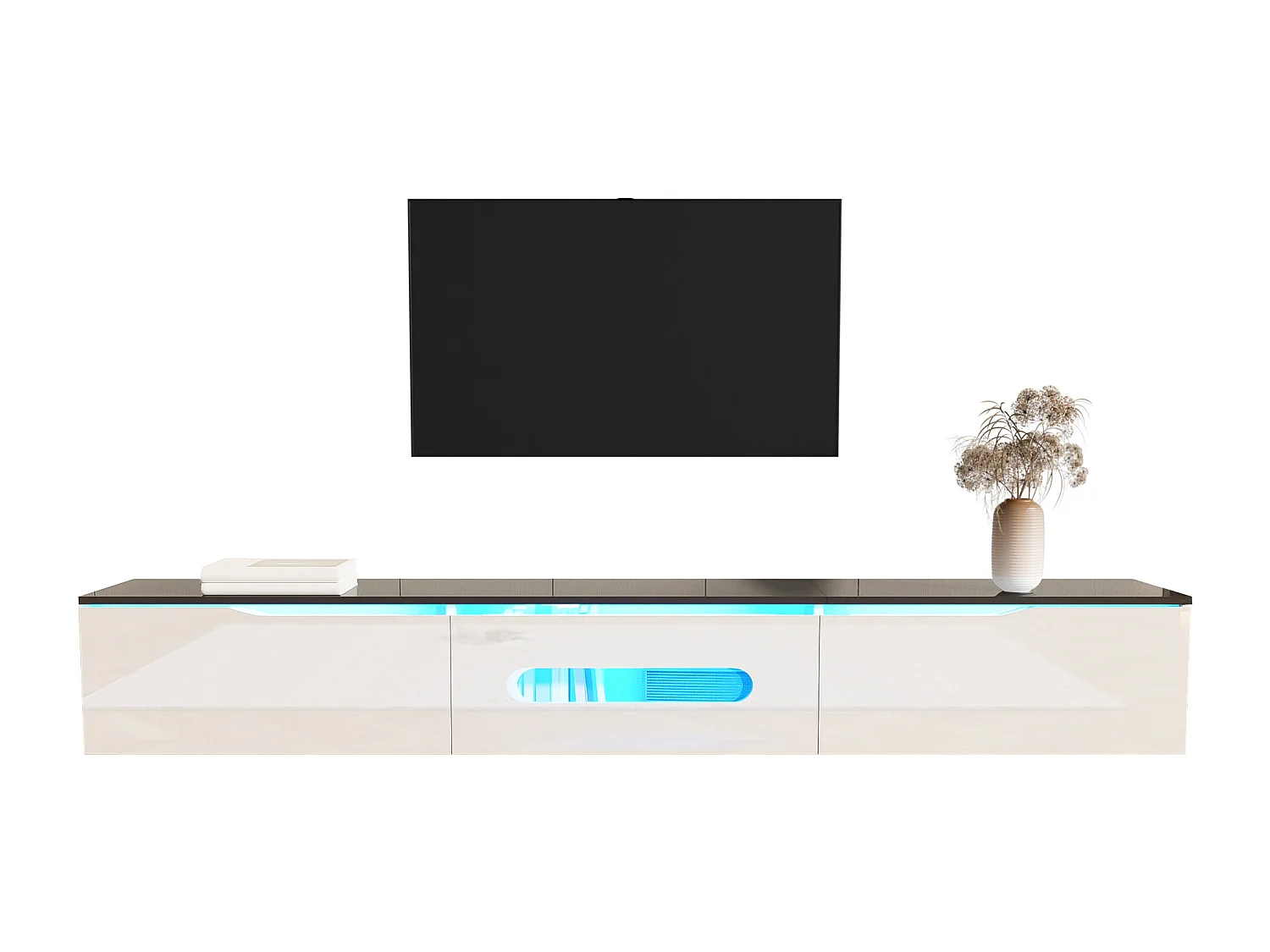 TV stand 180x35x30cm - glossy finish - with 16-color LED lighting - wall-mounted - black and white