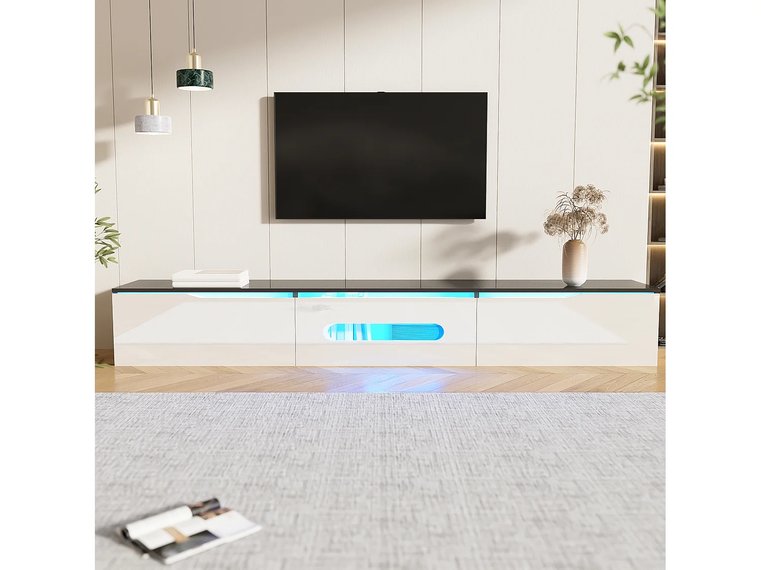TV stand 180x35x30cm - glossy finish - with 16-color LED lighting - wall-mounted - black and white