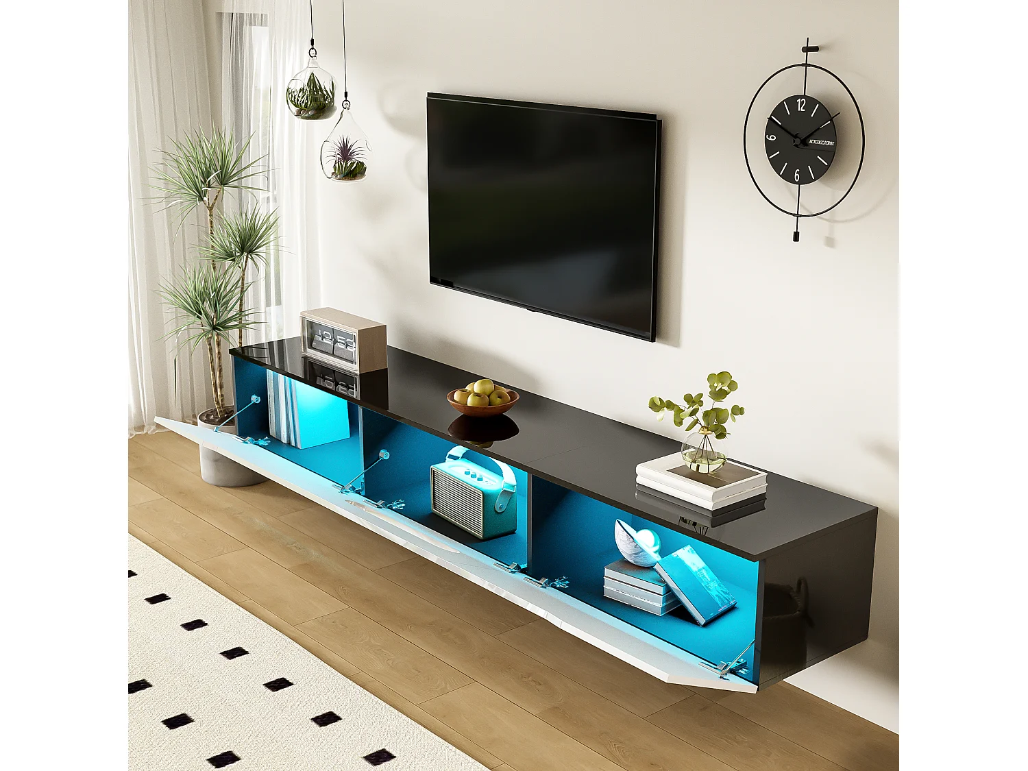 TV stand 180x35x30cm - glossy finish - with 16-color LED lighting - wall-mounted - black and white