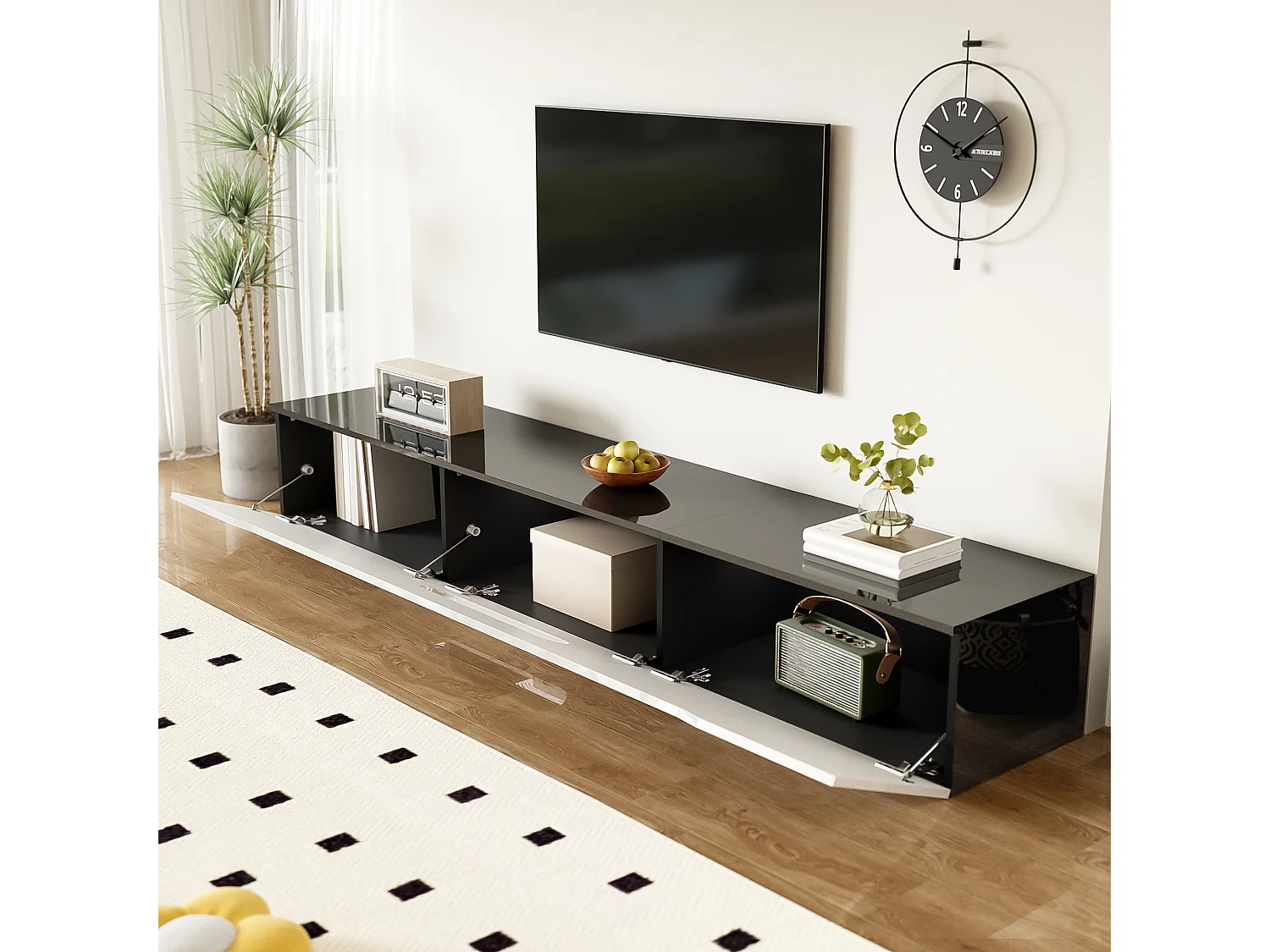 TV stand 180x35x30cm - glossy finish - with 16-color LED lighting - wall-mounted - black and white