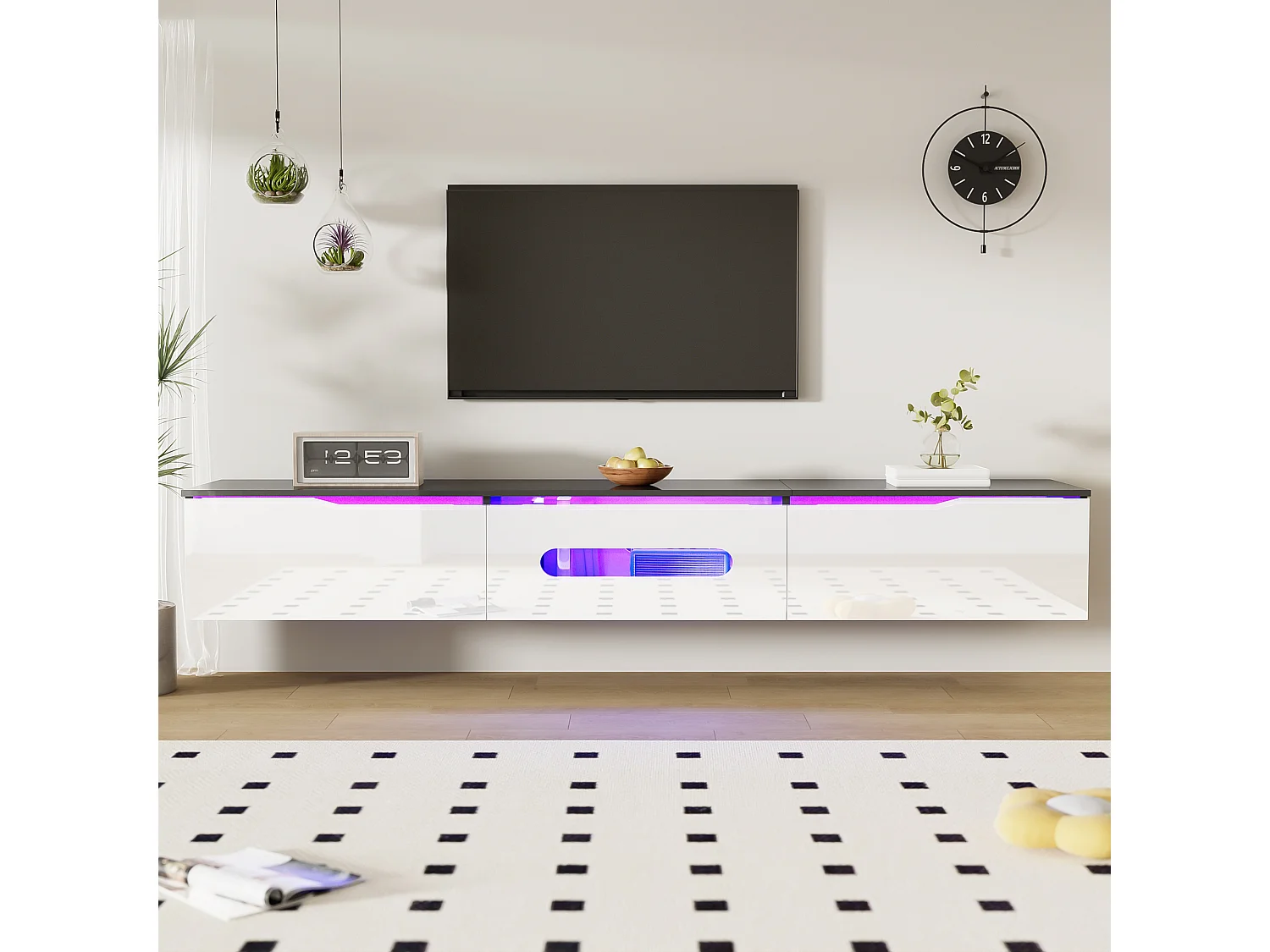 TV stand 180x35x30cm - glossy finish - with 16-color LED lighting - wall-mounted - black and white