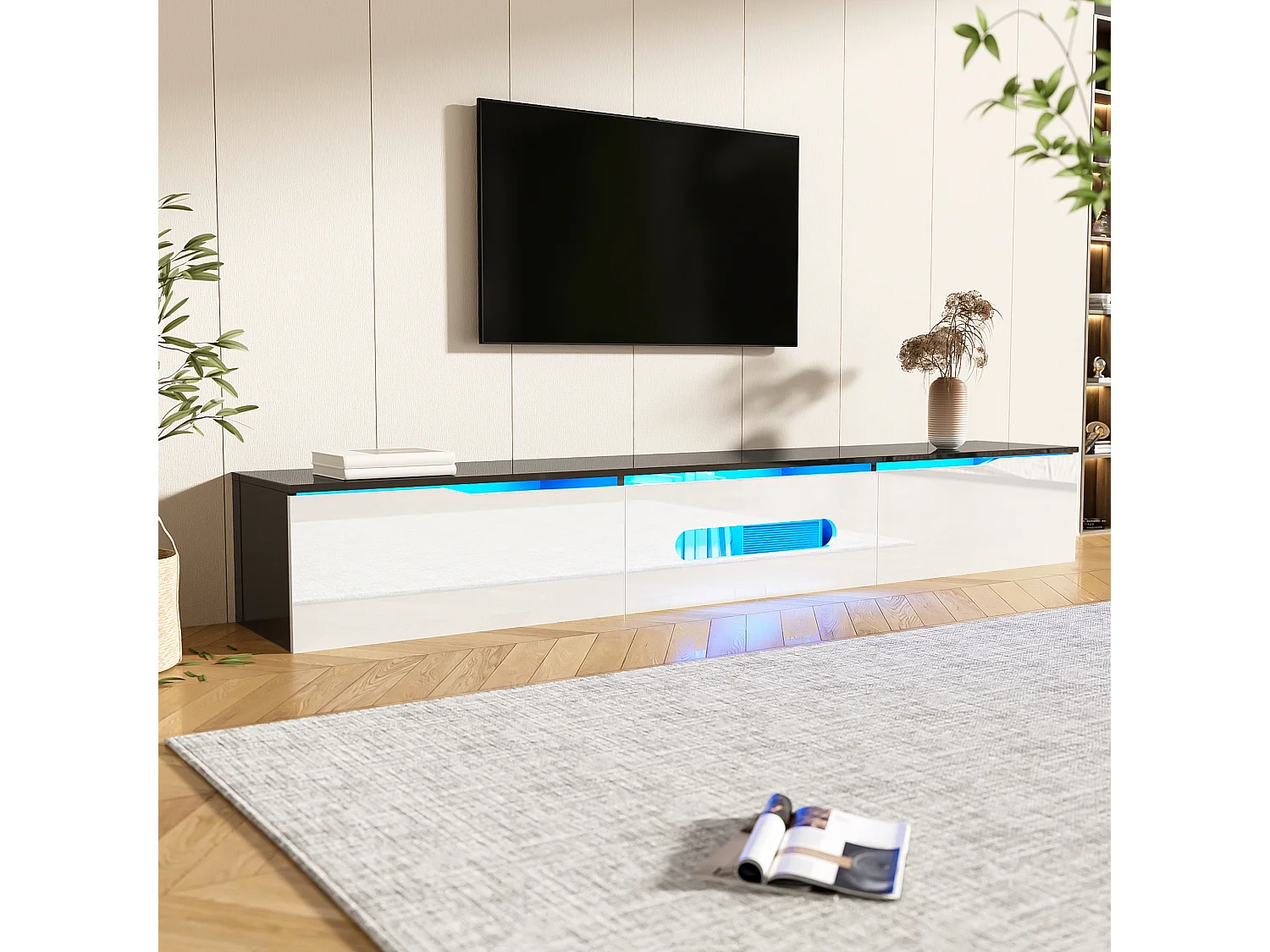 TV stand 180x35x30cm - glossy finish - with 16-color LED lighting - wall-mounted - black and white