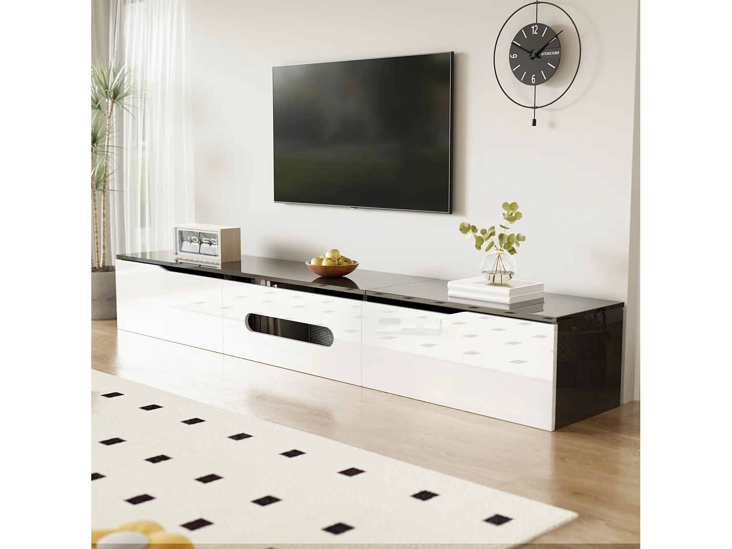 TV stand 180x35x30cm - glossy finish - with 16-color LED lighting - wall-mounted - black and white