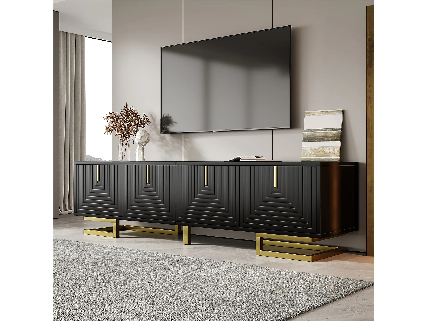 TV Stand 160x38x44.5 cm - 4 Doors - Gold Handles and Legs - Particleboard - Black