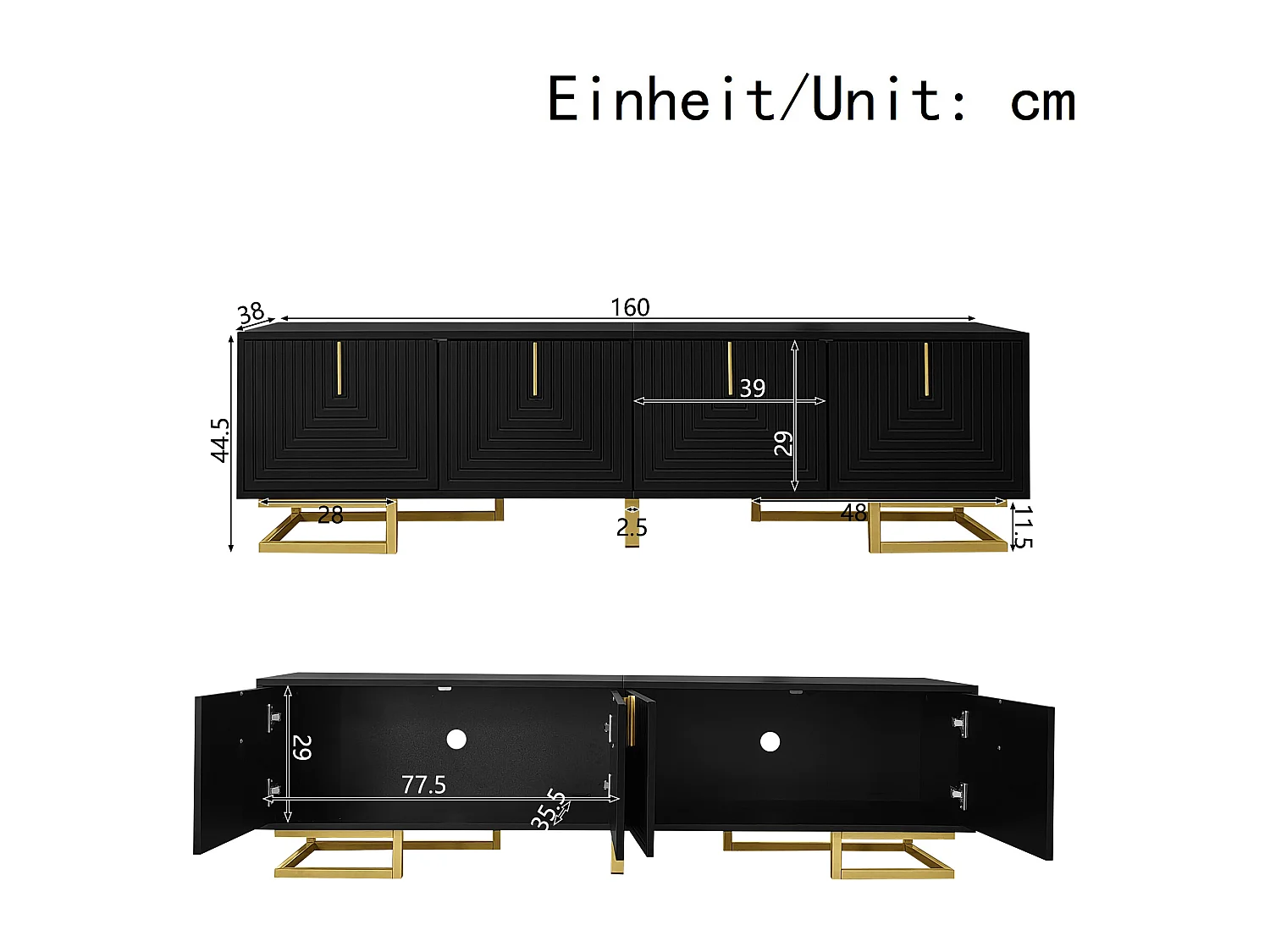 TV Stand 160x38x44.5 cm - 4 Doors - Gold Handles and Legs - Particleboard - Black